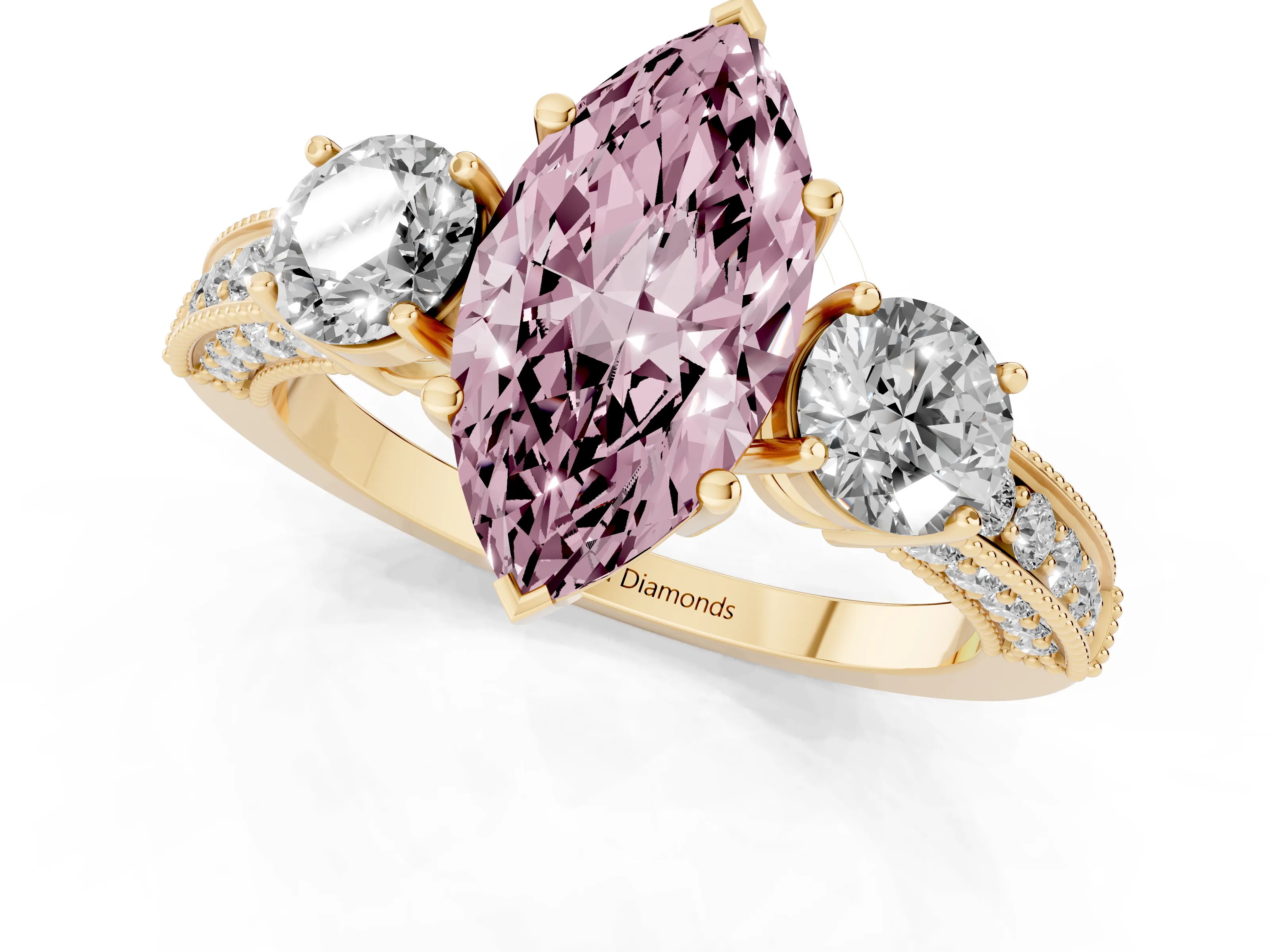 Fancy Pink Marquise Cut Diamond Three-Stone Ring Set in Yellow gold with Round Side Stones and Pavé Band