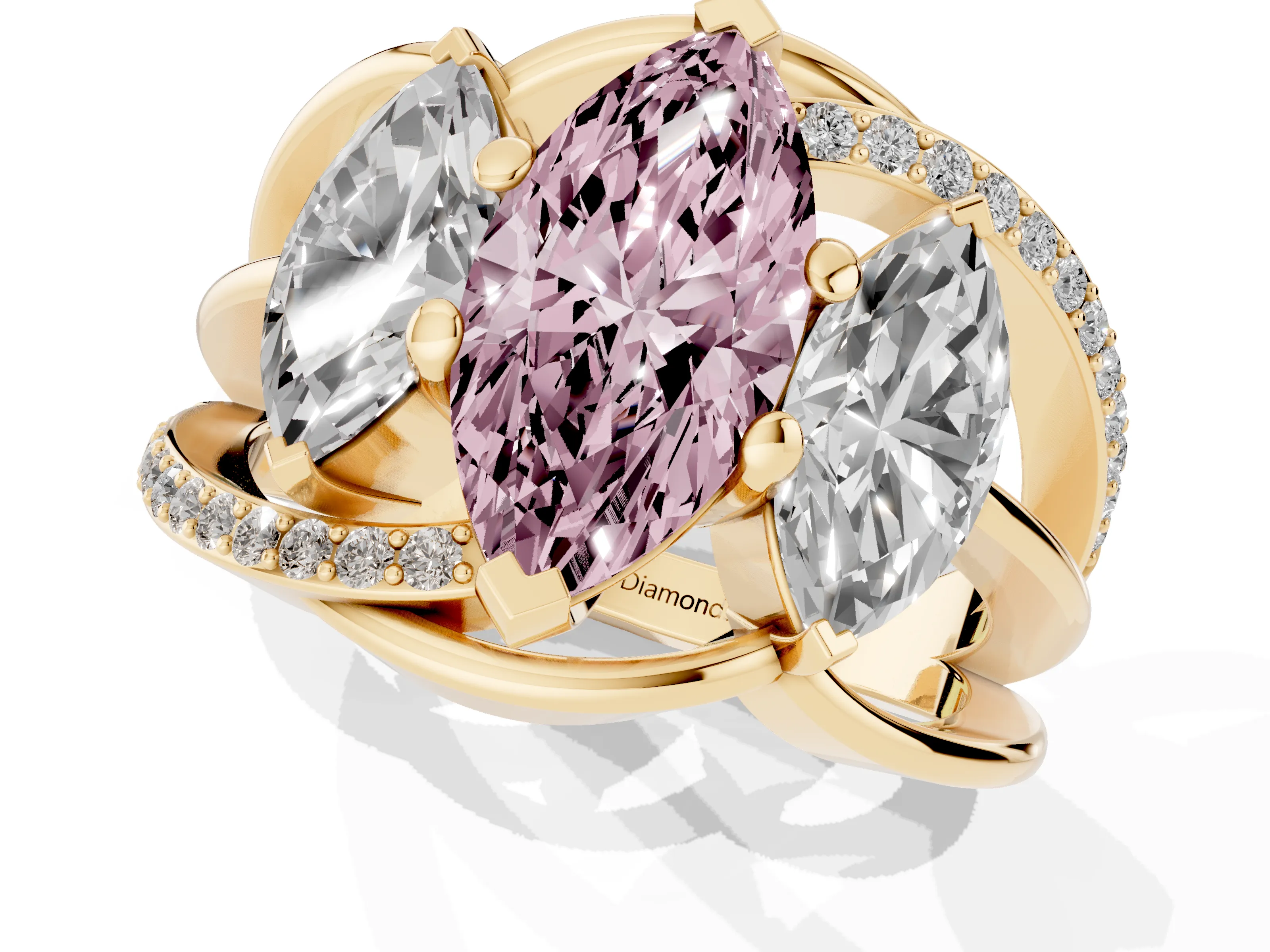 Fancy Pink Marquise Cut Diamond Three-Stone Ring Set in Yellow gold with Split Shank and Prong Setting