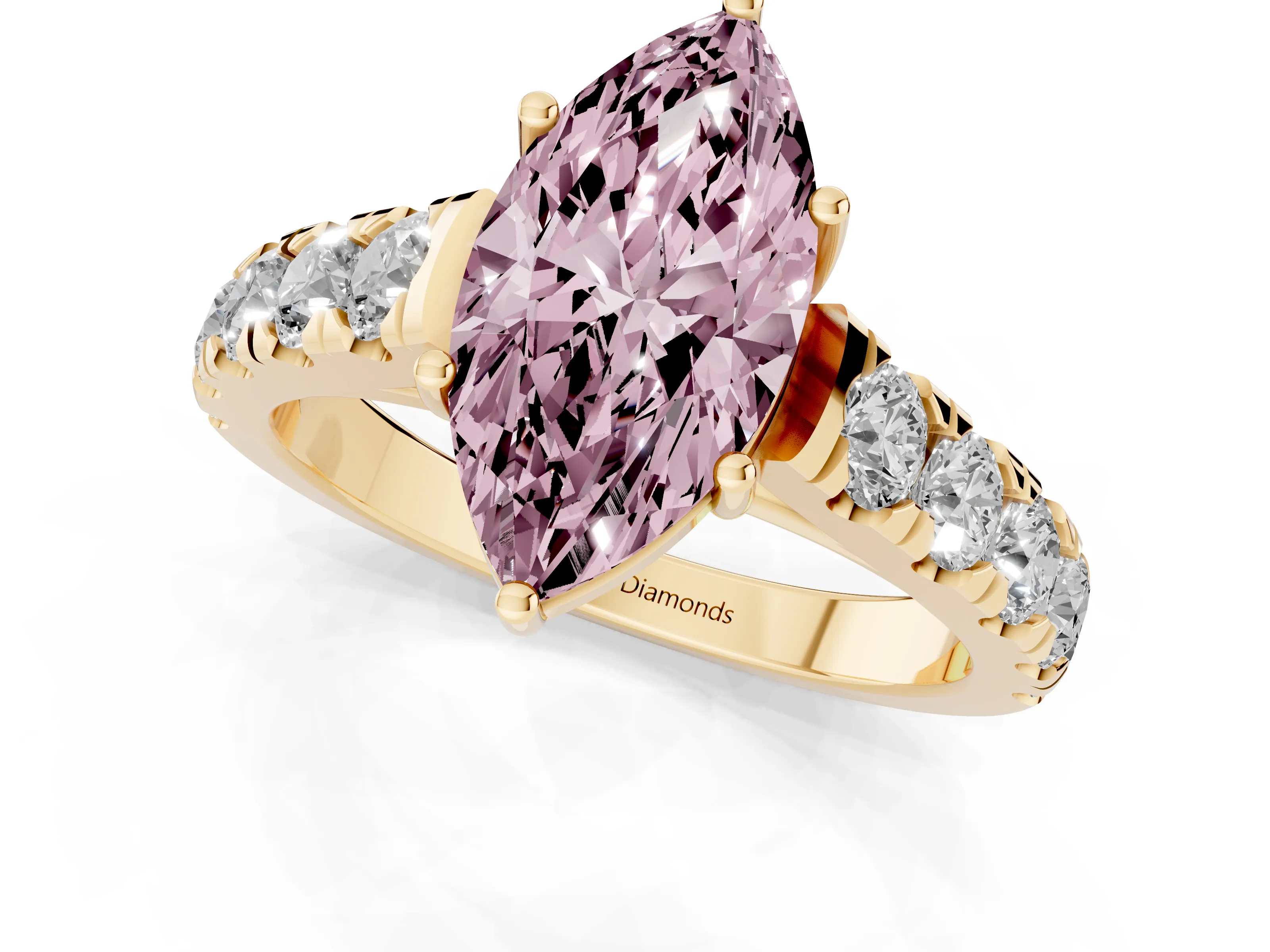 Fancy Pink Marquise Cut Diamond Solitaire Ring Set in Yellow gold with Cut-Down Micro Pavé Band and Prong Setting