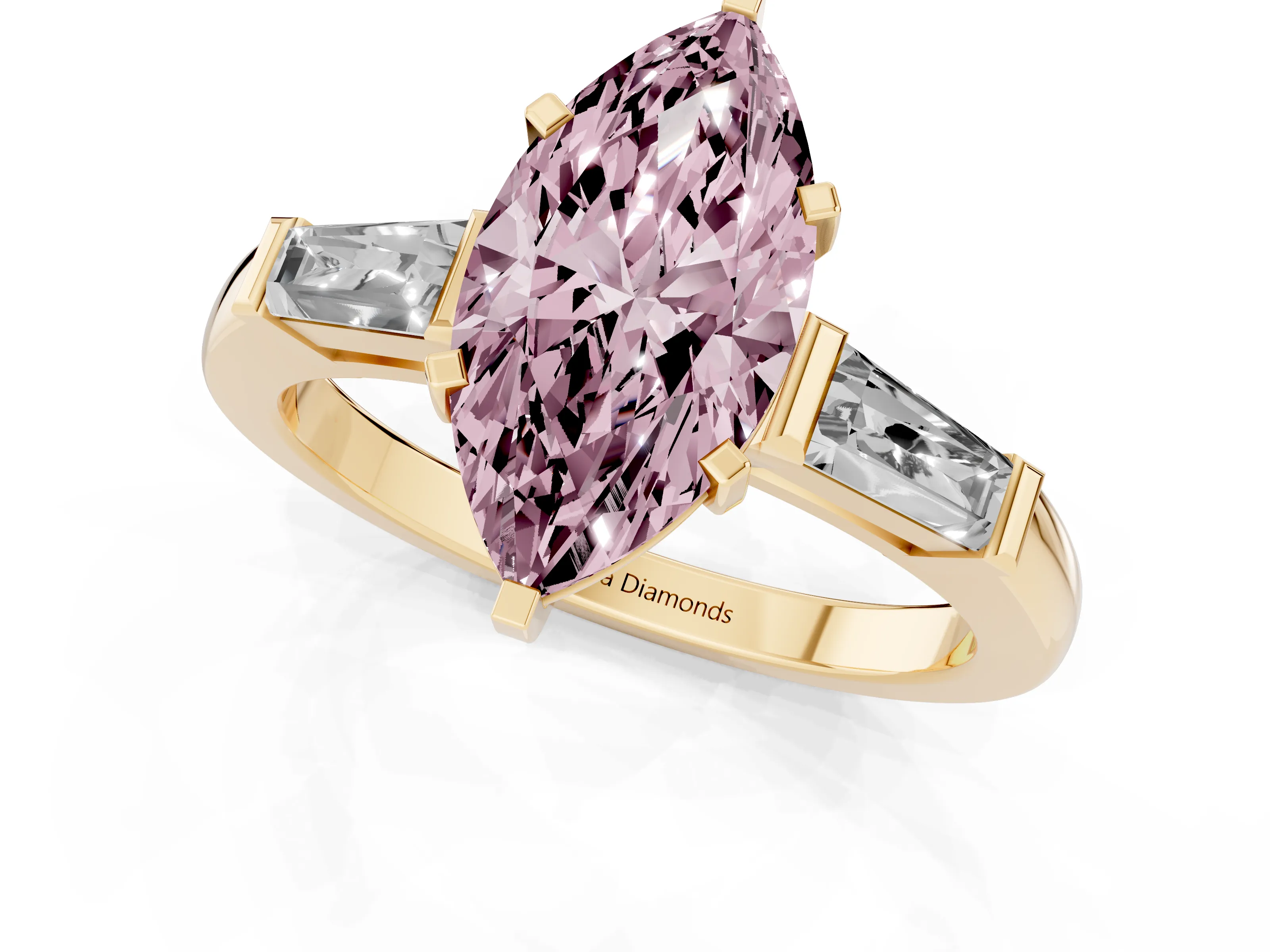 Fancy Pink Marquise Cut Diamond Solitaire Ring Set in Yellow gold with Tapered Baguette Side Stones and Prong Setting