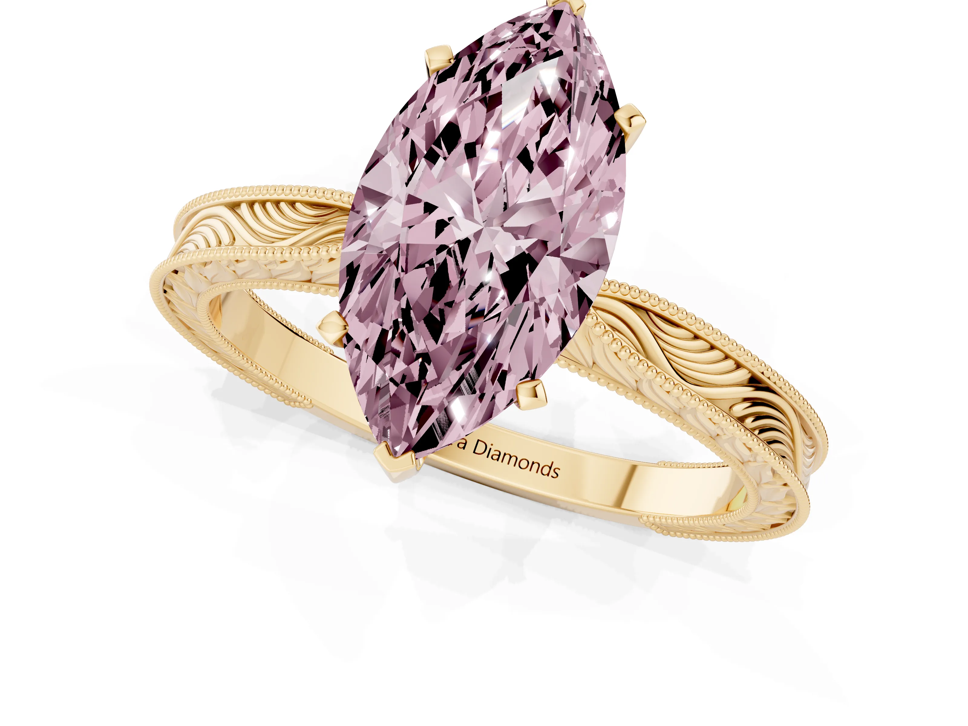 Fancy Pink Marquise Cut Diamond Solitaire Milgrain Engraved Band Set in Yellow gold with Prong Setting