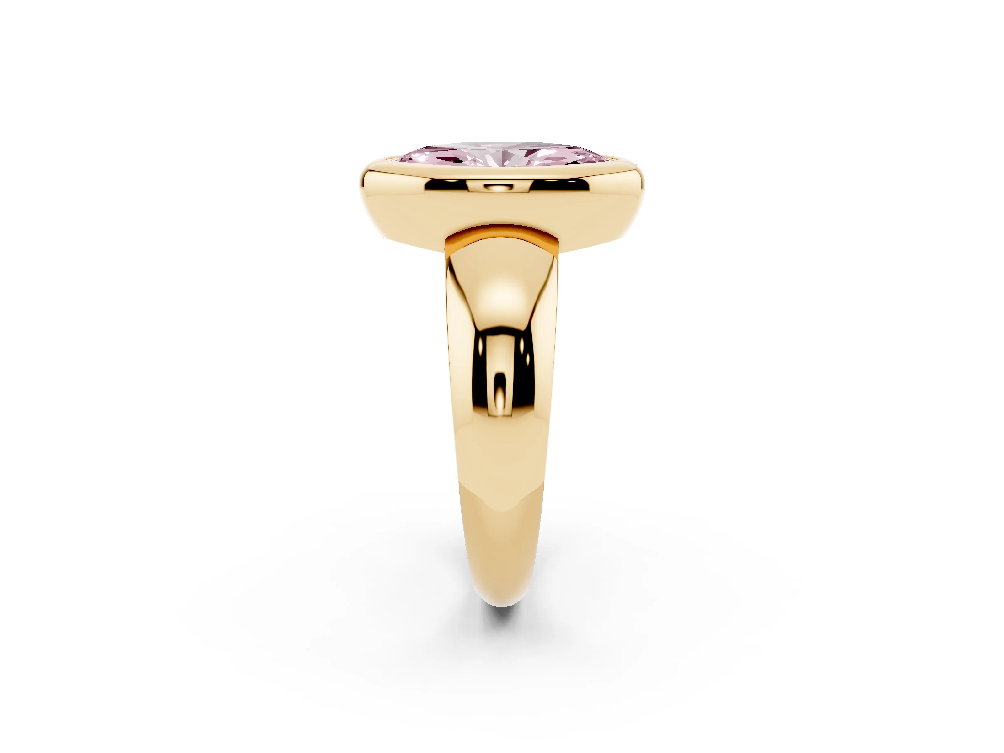 Fancy Pink Bezel Set Marquise Cut Diamond Solitaire Ring Set in Yellow gold with Wide Band