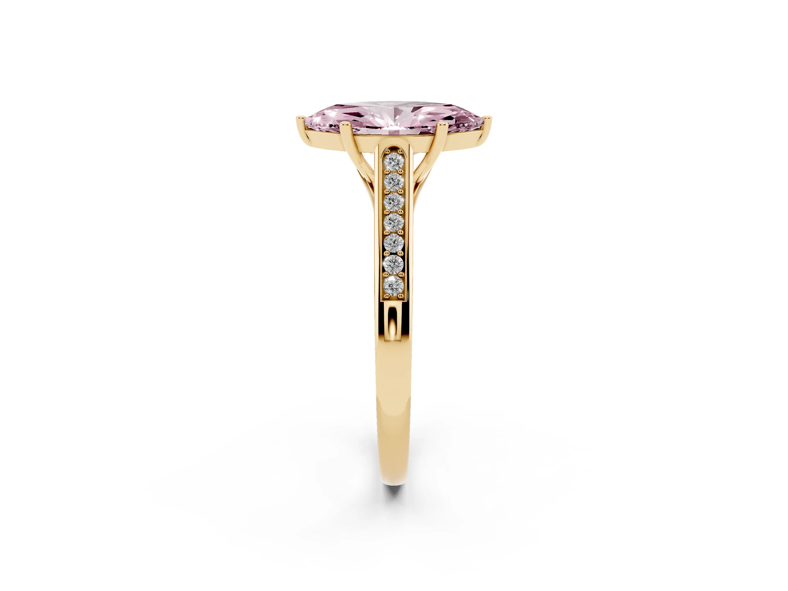 Fancy Pink Marquise Cut Diamond Solitaire Cathedral Engagement Ring Set in Yellow gold with Channel-Set Band and Prong Setting