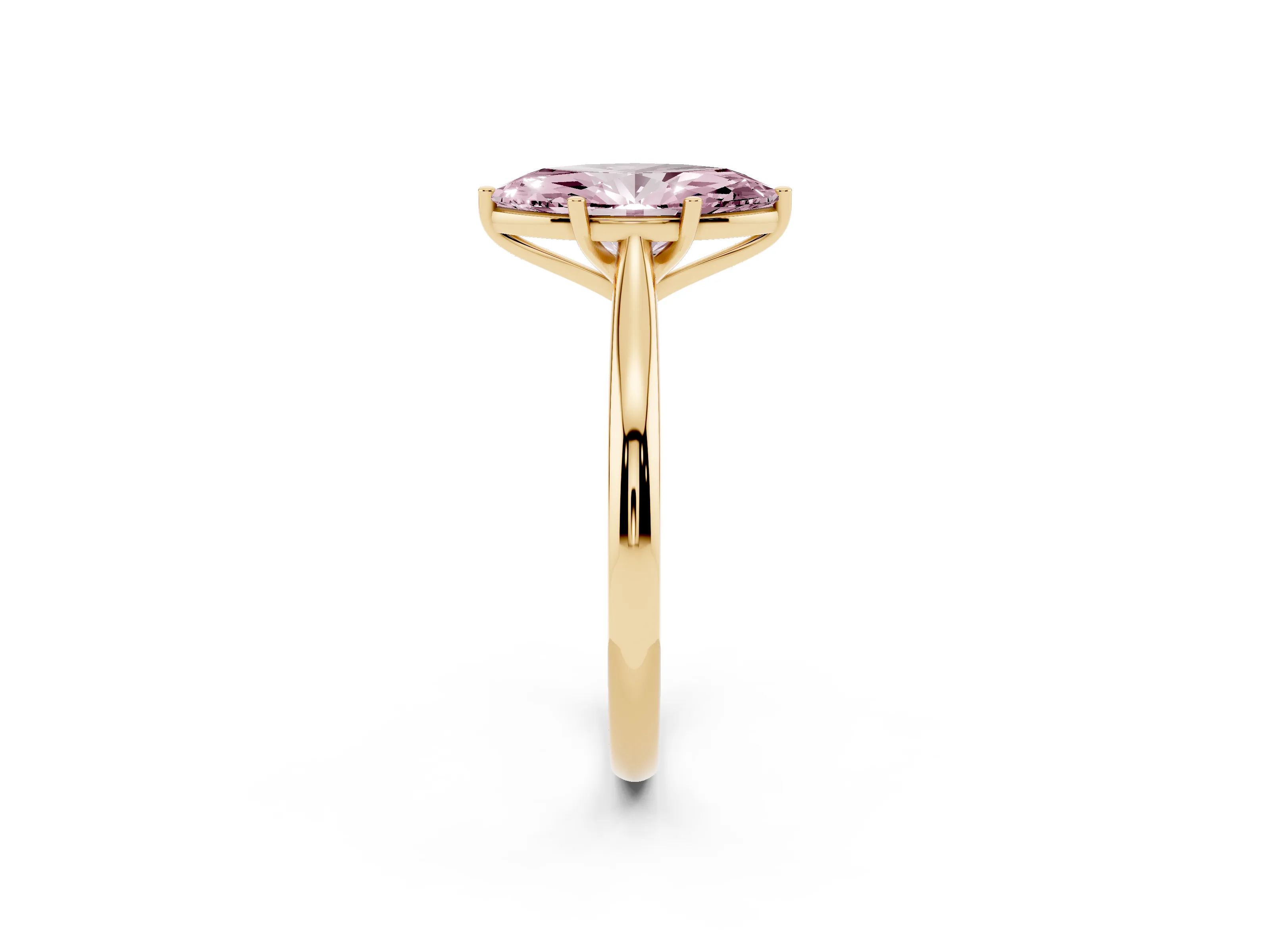 Fancy Pink Marquise Cut Diamond Solitaire Ring Set in Yellow gold with Cathedral Band and Prong Setting