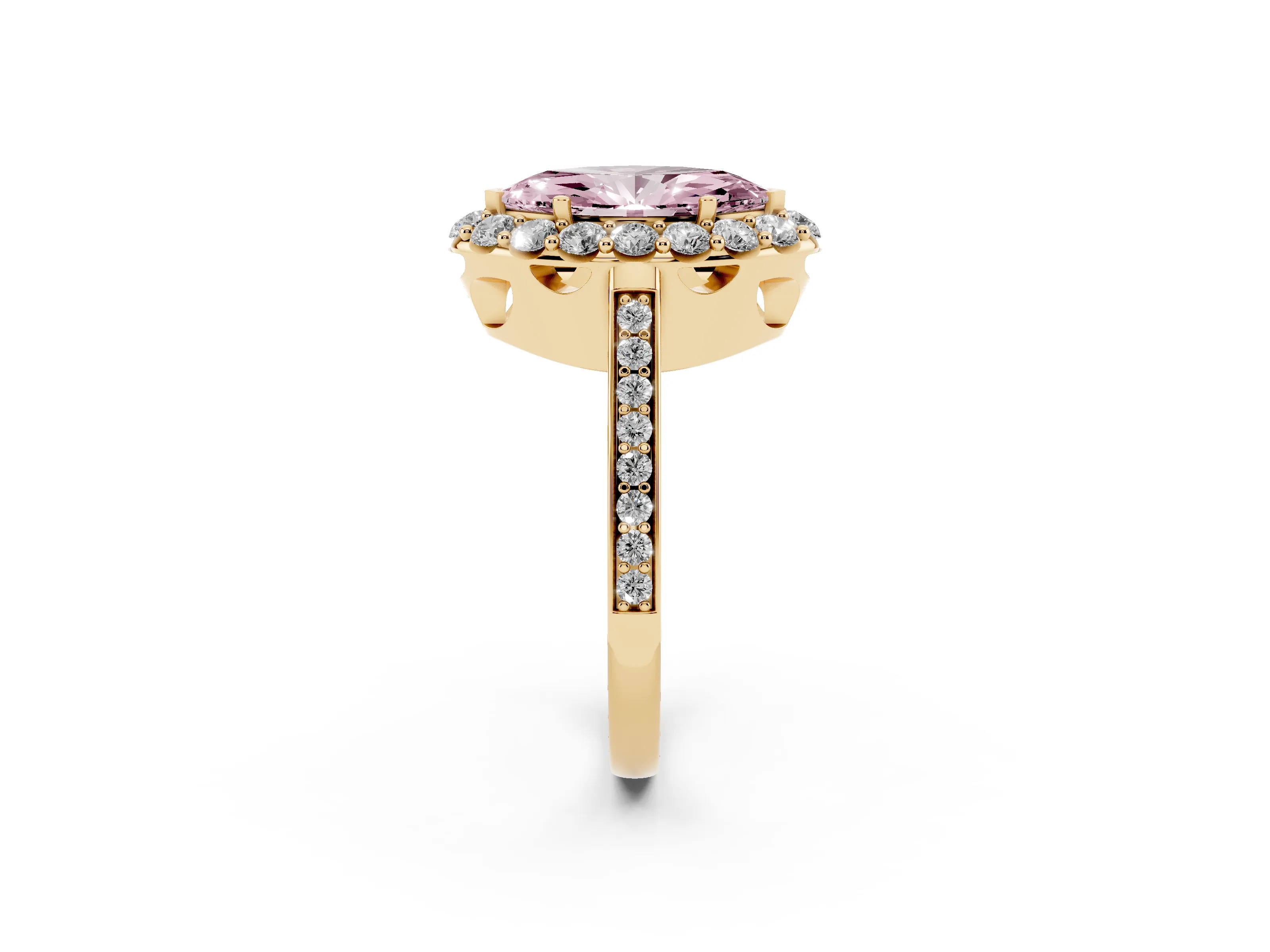 Fancy Pink Marquise Cut Diamond Floral Halo Ring Set in Yellow gold with Pavé Band and Prong Setting