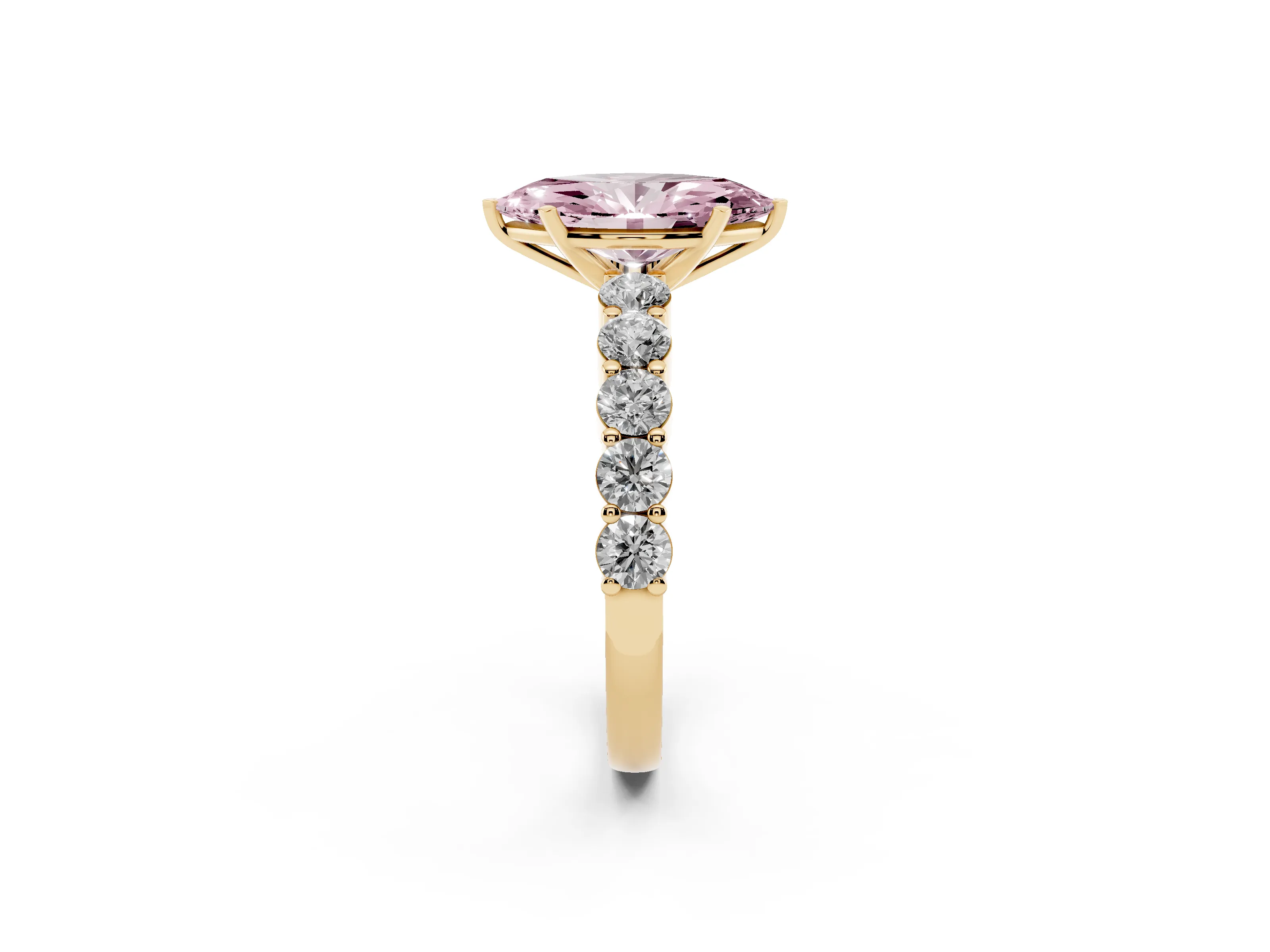 Fancy Pink Marquise Cut Diamond Solitaire Ring Set in Yellow gold with Shared Prong Round Side Stones