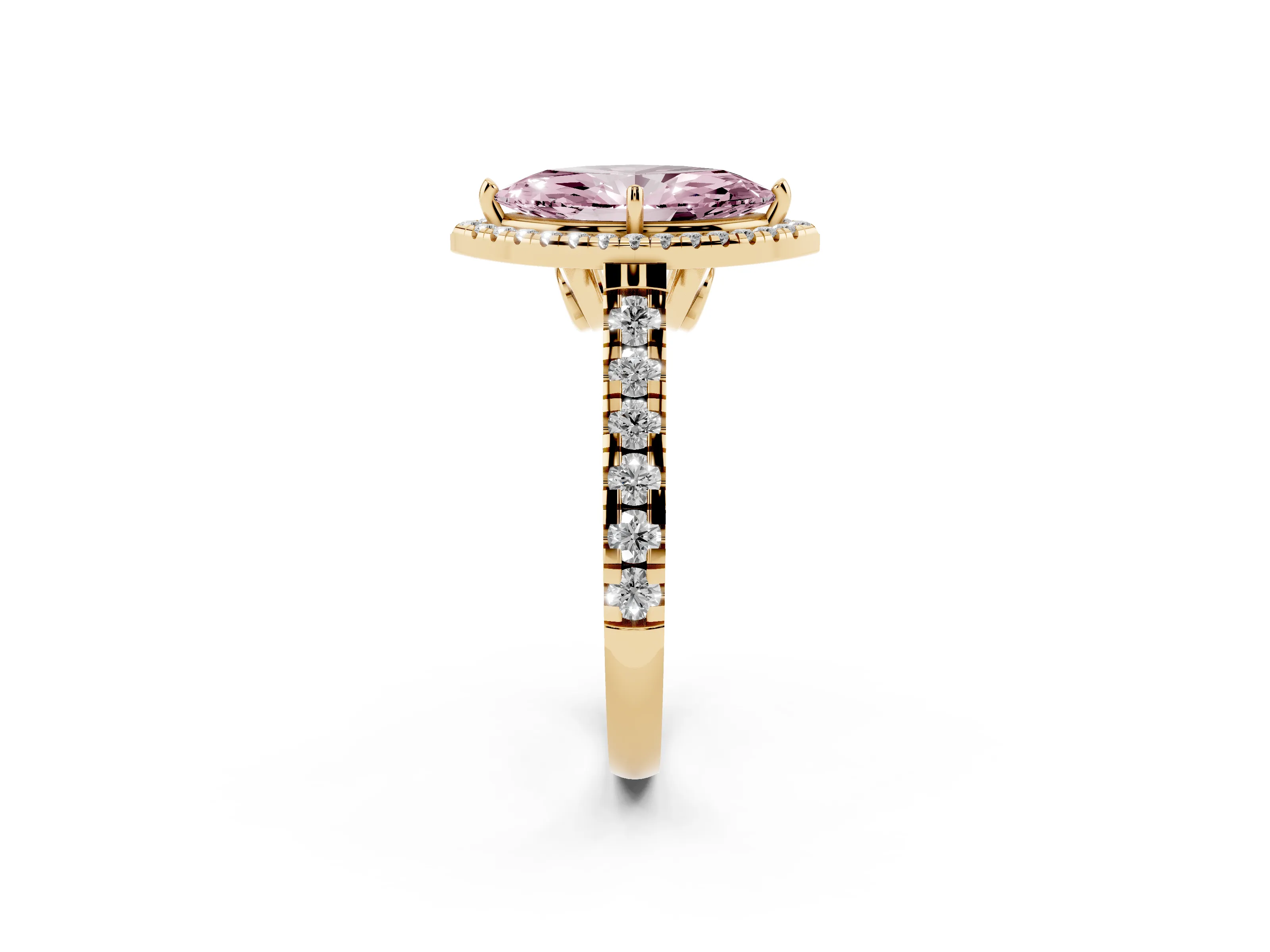 Fancy Pink Marquise Cut Diamond Halo Engagement Ring Set in Yellow gold with Pavé Band and Prong-Set Center