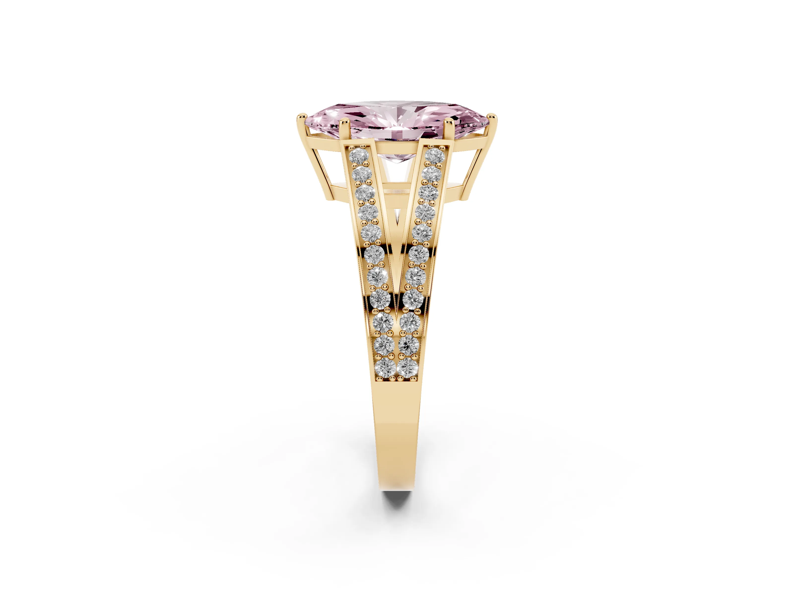 Fancy Pink Marquise Cut Diamond Split Shank Ring Set in Yellow gold with Pavé Band and Prong Setting