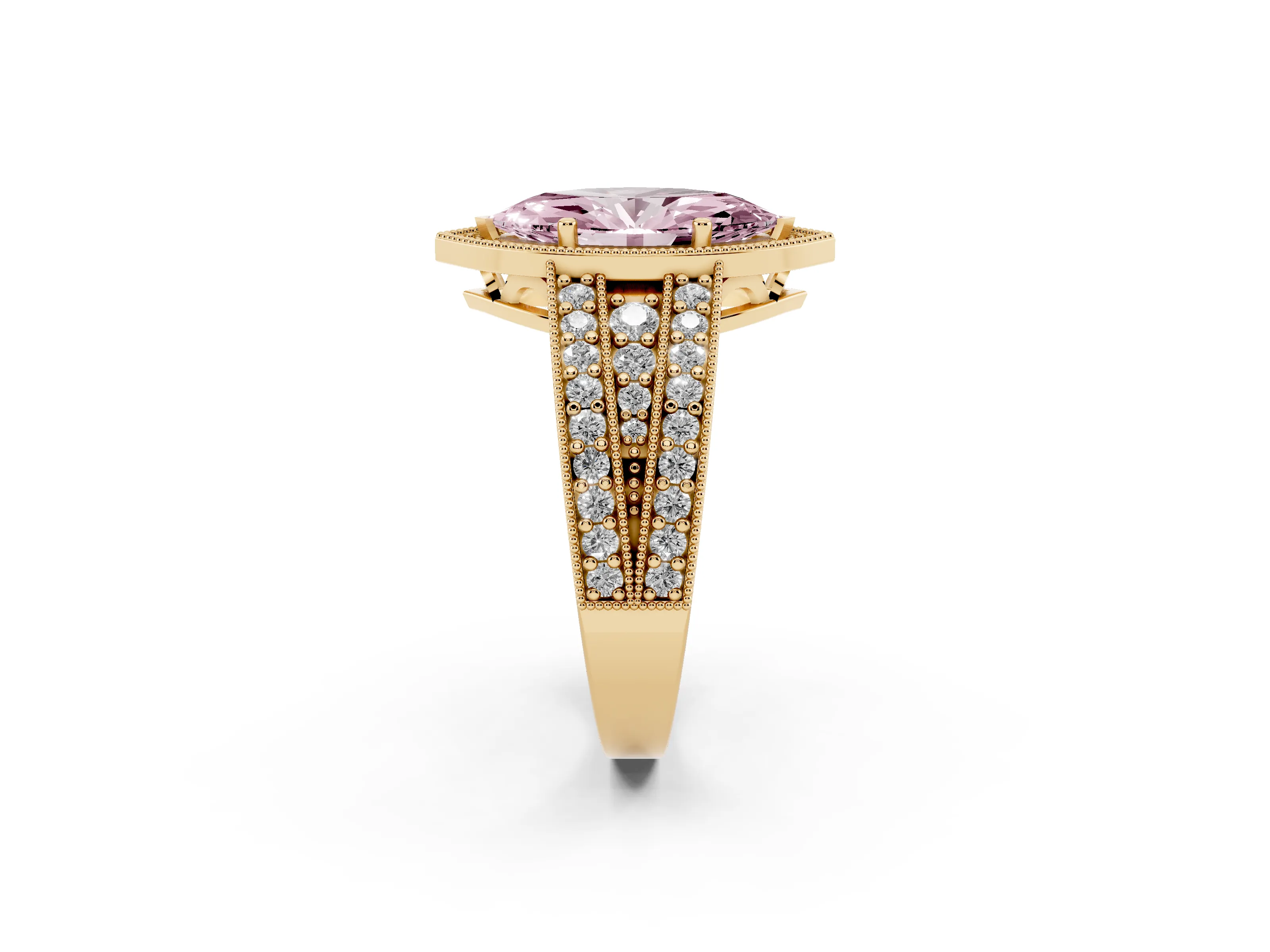 Fancy Pink Marquise Cut Diamond Halo Ring Set in Yellow gold with Accent Split Shank and Prong Setting