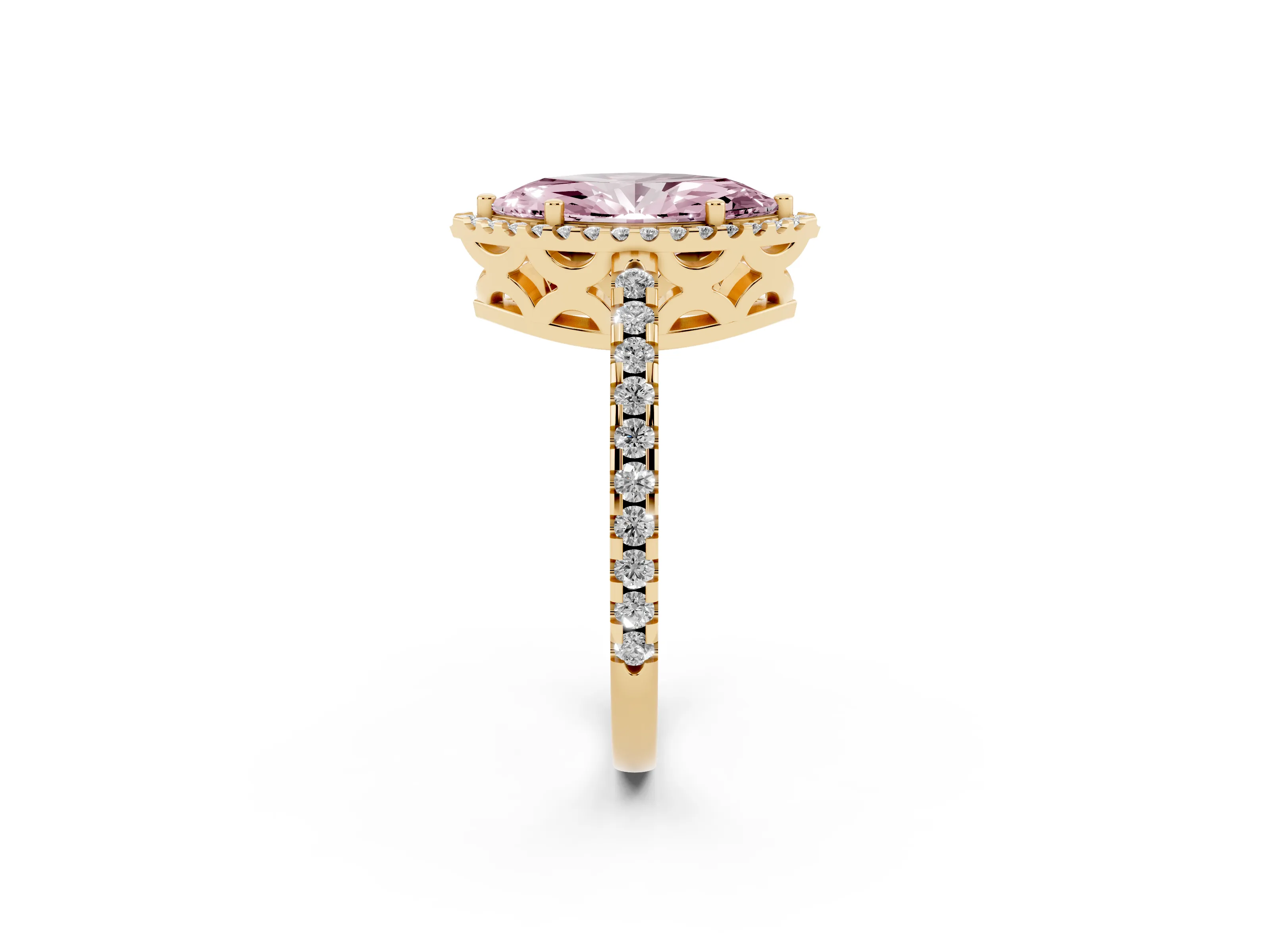 Fancy Pink Marquise Cut Diamond Halo Ring Set in Yellow gold with Pavé Shoulders and Halo-Framed Center