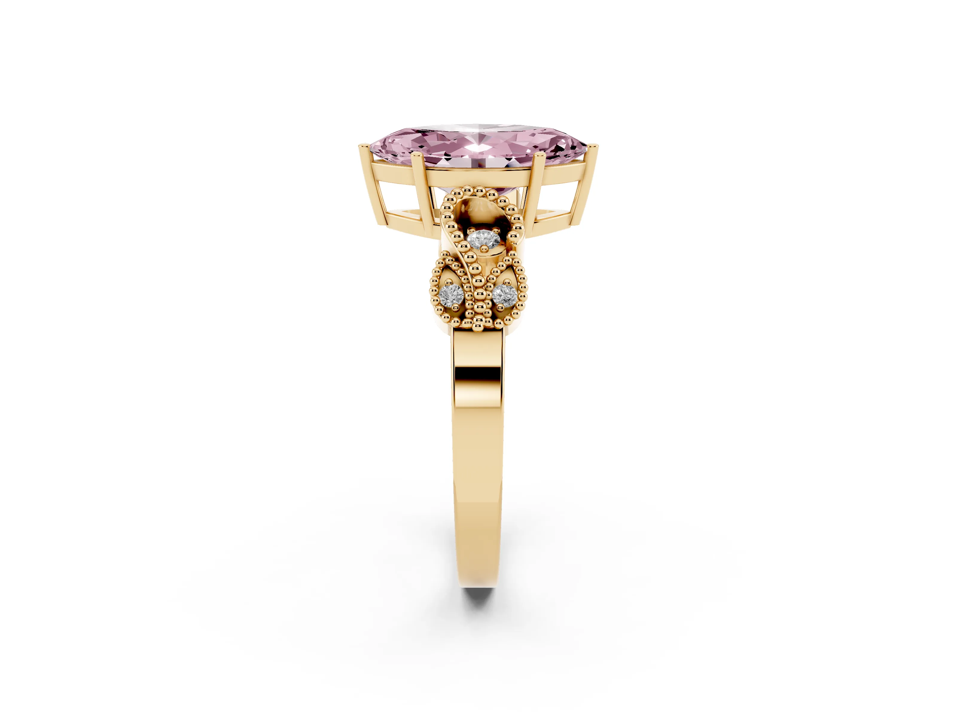 Fancy Pink Marquise Cut Diamond Milgrain Leaf Band Solitaire Ring Set in Yellow gold with Accent Stones and Prong Setting