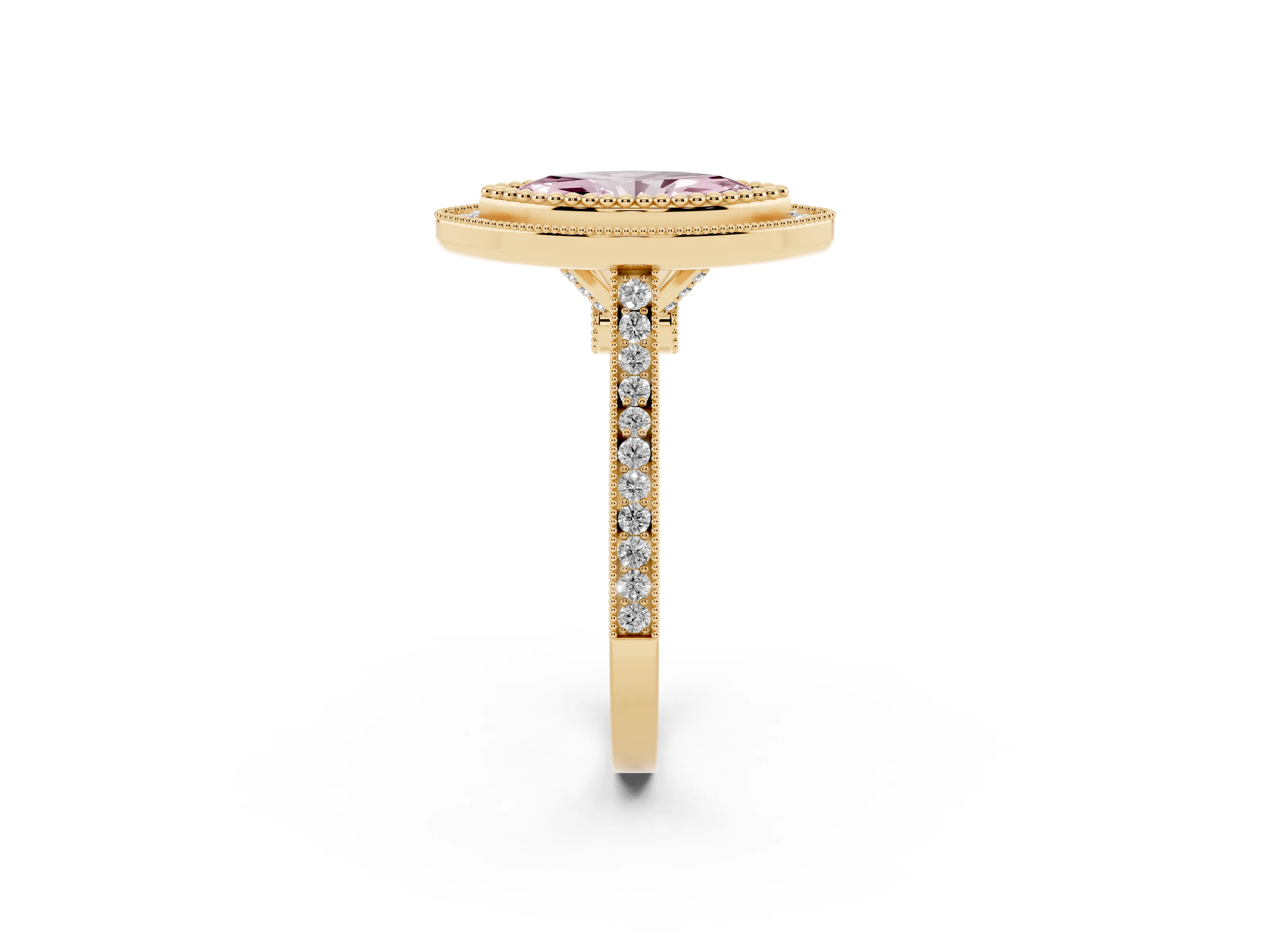 Fancy Pink Marquise Cut Diamond Halo Ring Set in Yellow gold with Milgrain Frame and Pavé Band