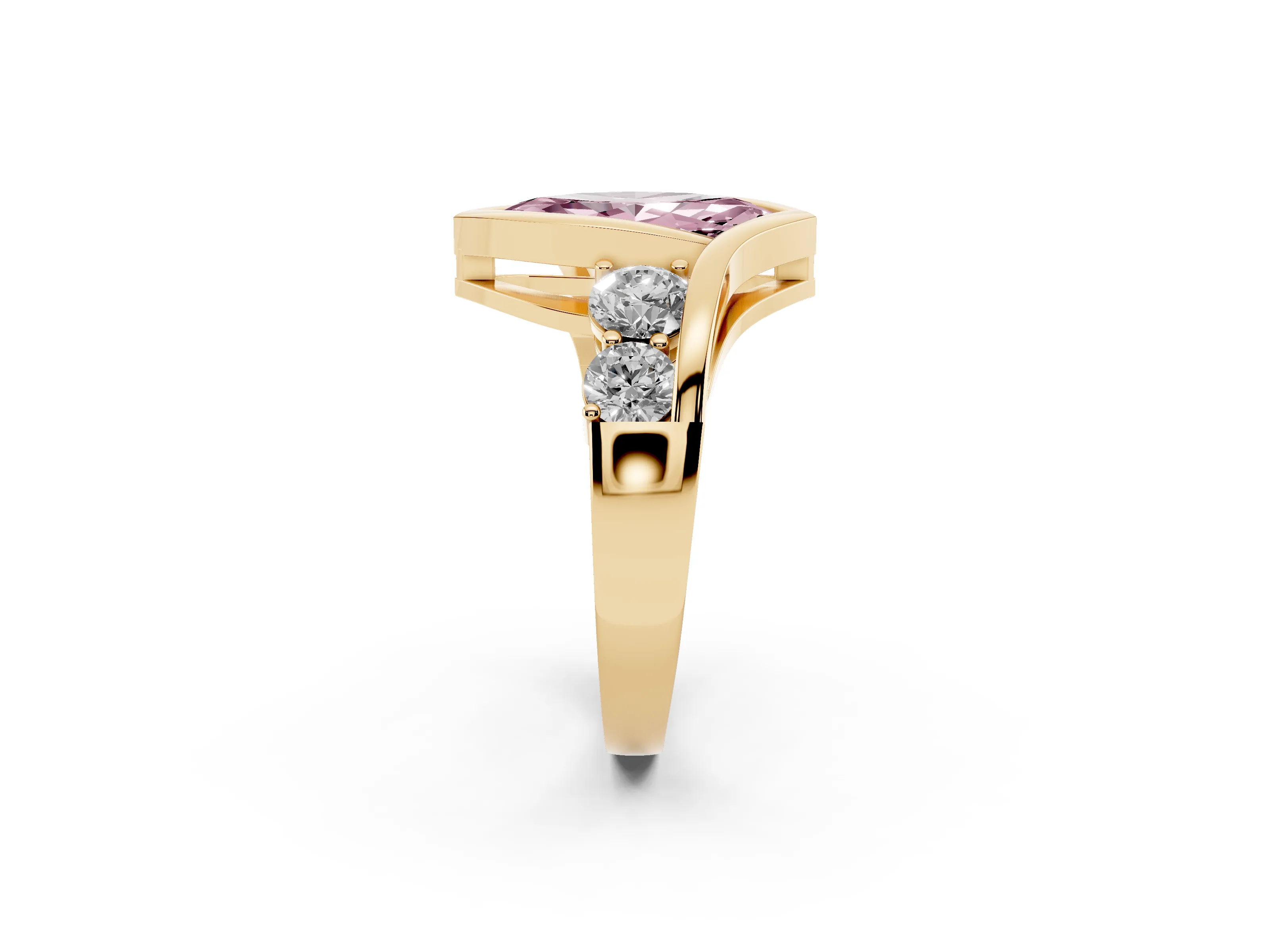 Fancy Pink Marquise Cut Diamond Bezel Bypass Ring Set in Yellow gold with Round Accents