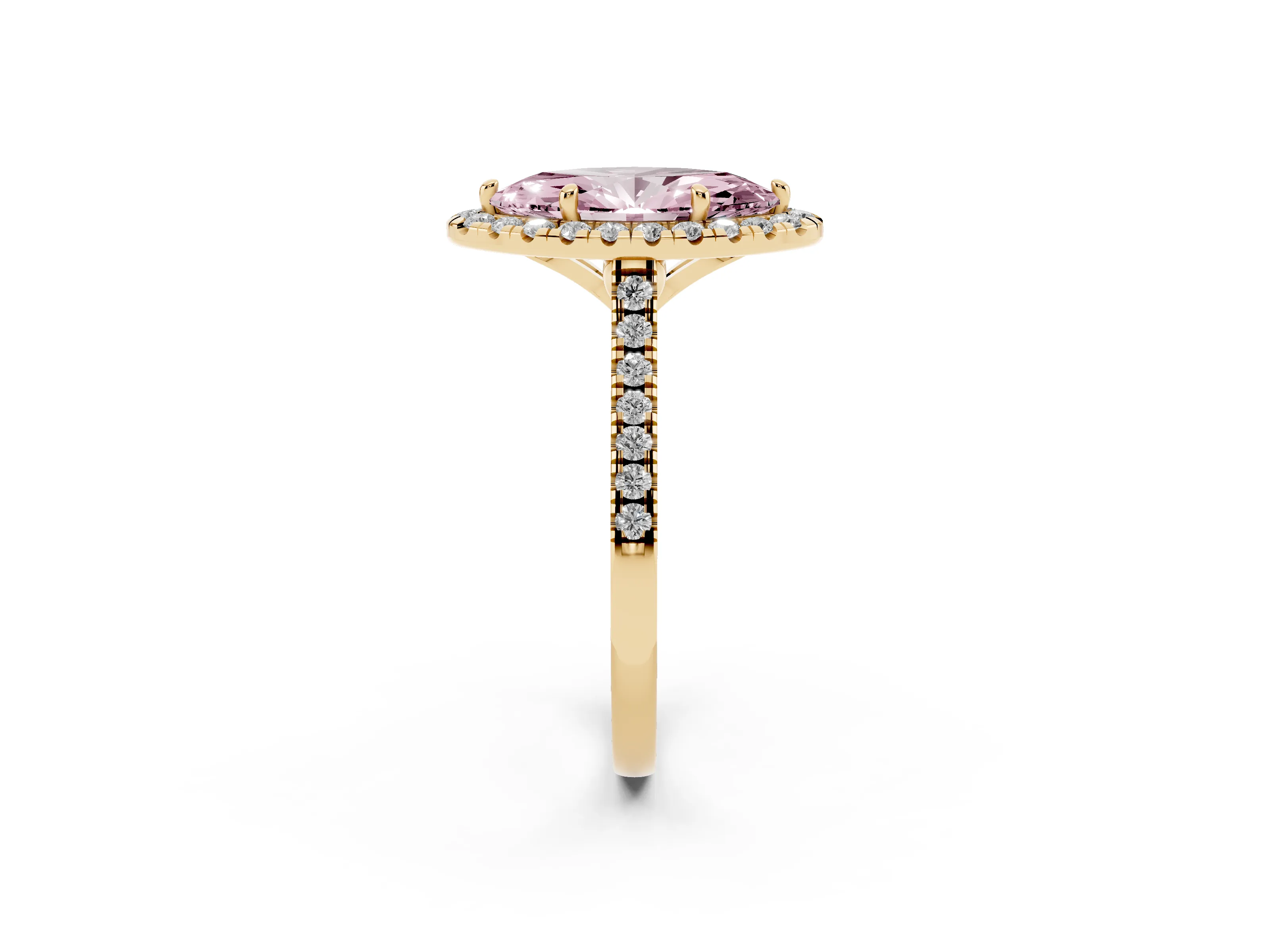 Fancy Pink Marquise Cut Diamond Cushion Halo Ring Set in Yellow gold with Pavé Band