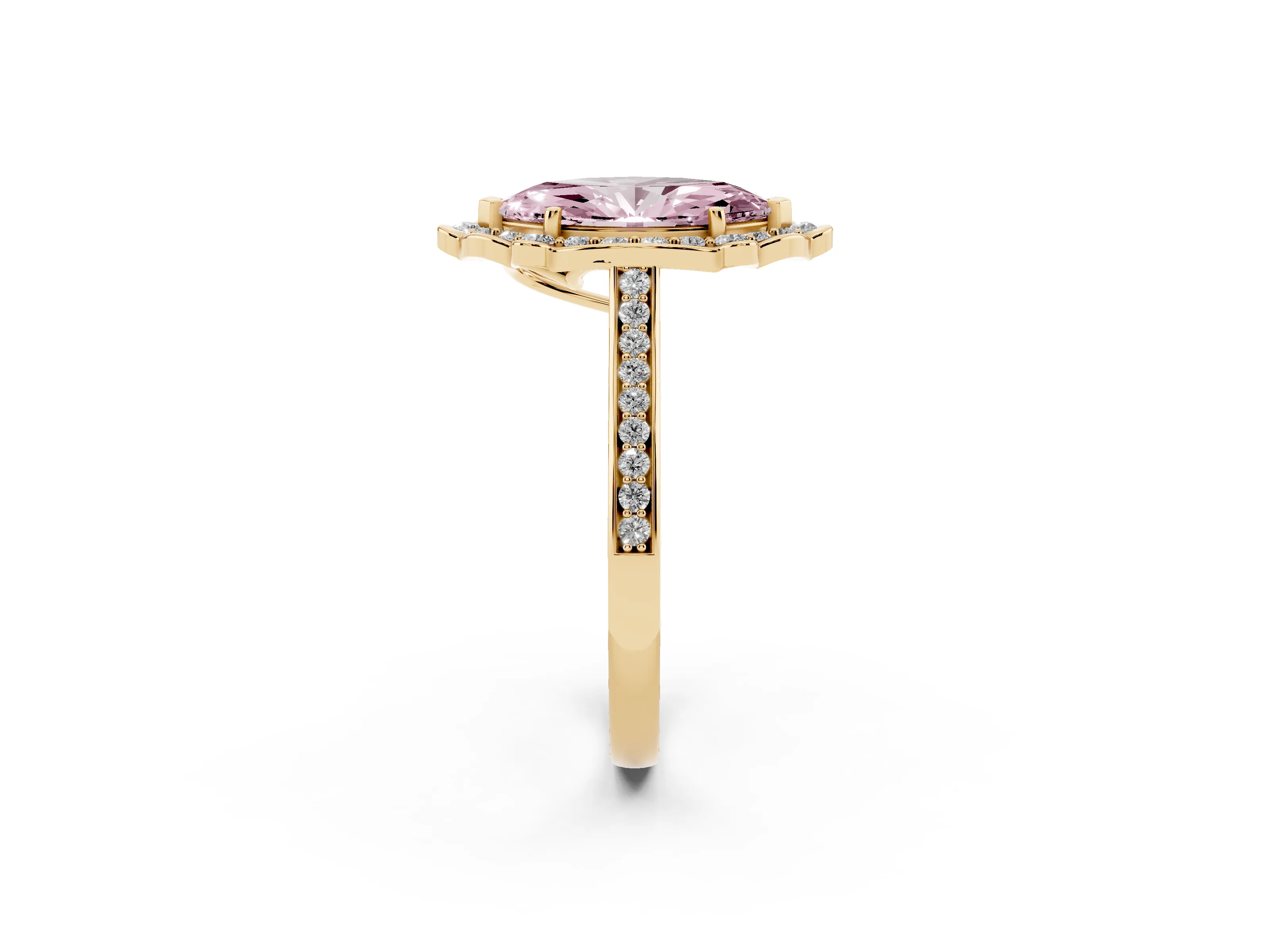 Fancy Pink Marquise Cut Diamond Halo Ring Set in Yellow gold with Pavé-Lined Shoulders and Prong Setting