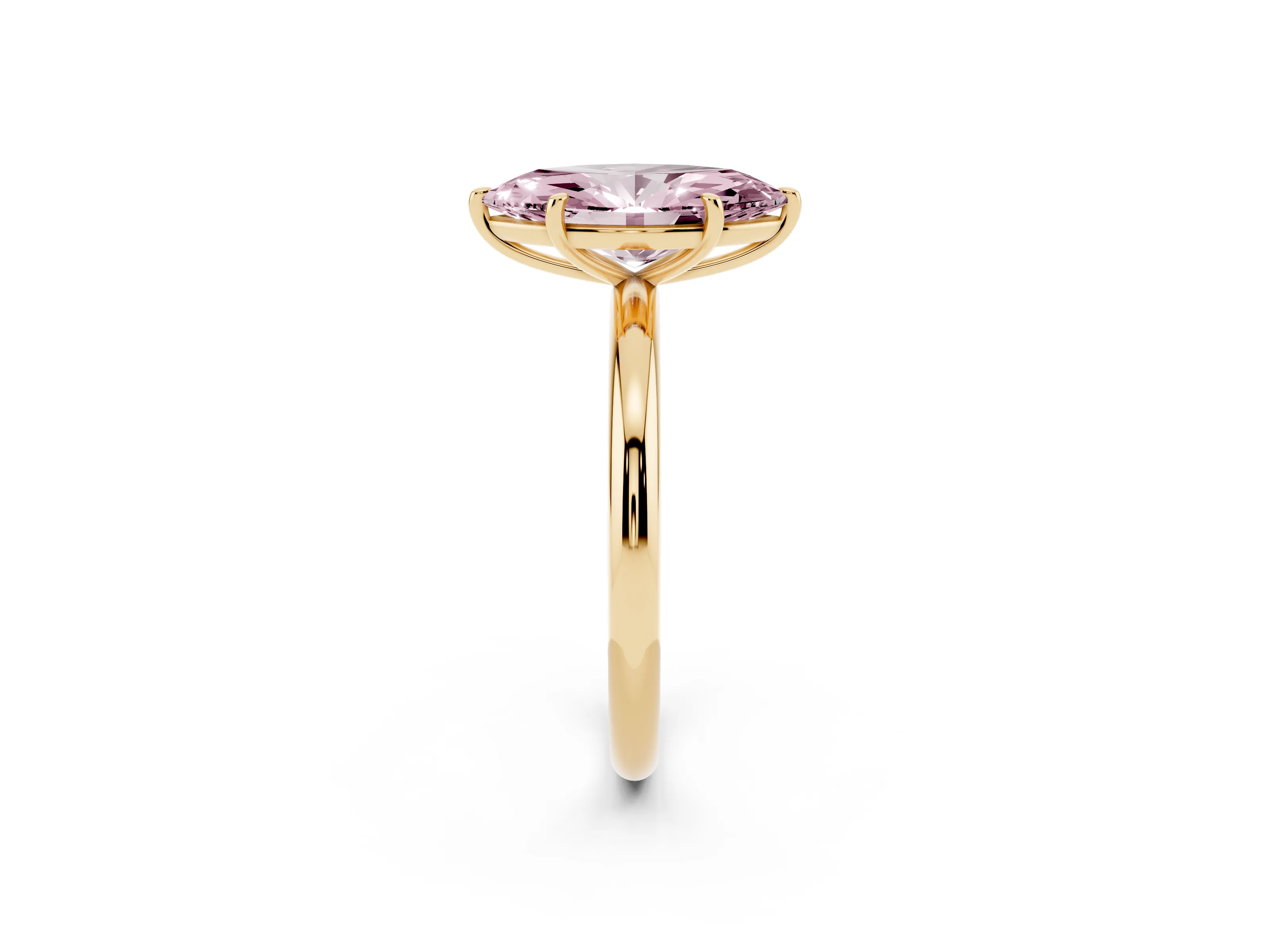 Fancy Pink Marquise Cut Diamond Solitaire Ring Set in Yellow gold with Prong Setting on a Polished Plain Band