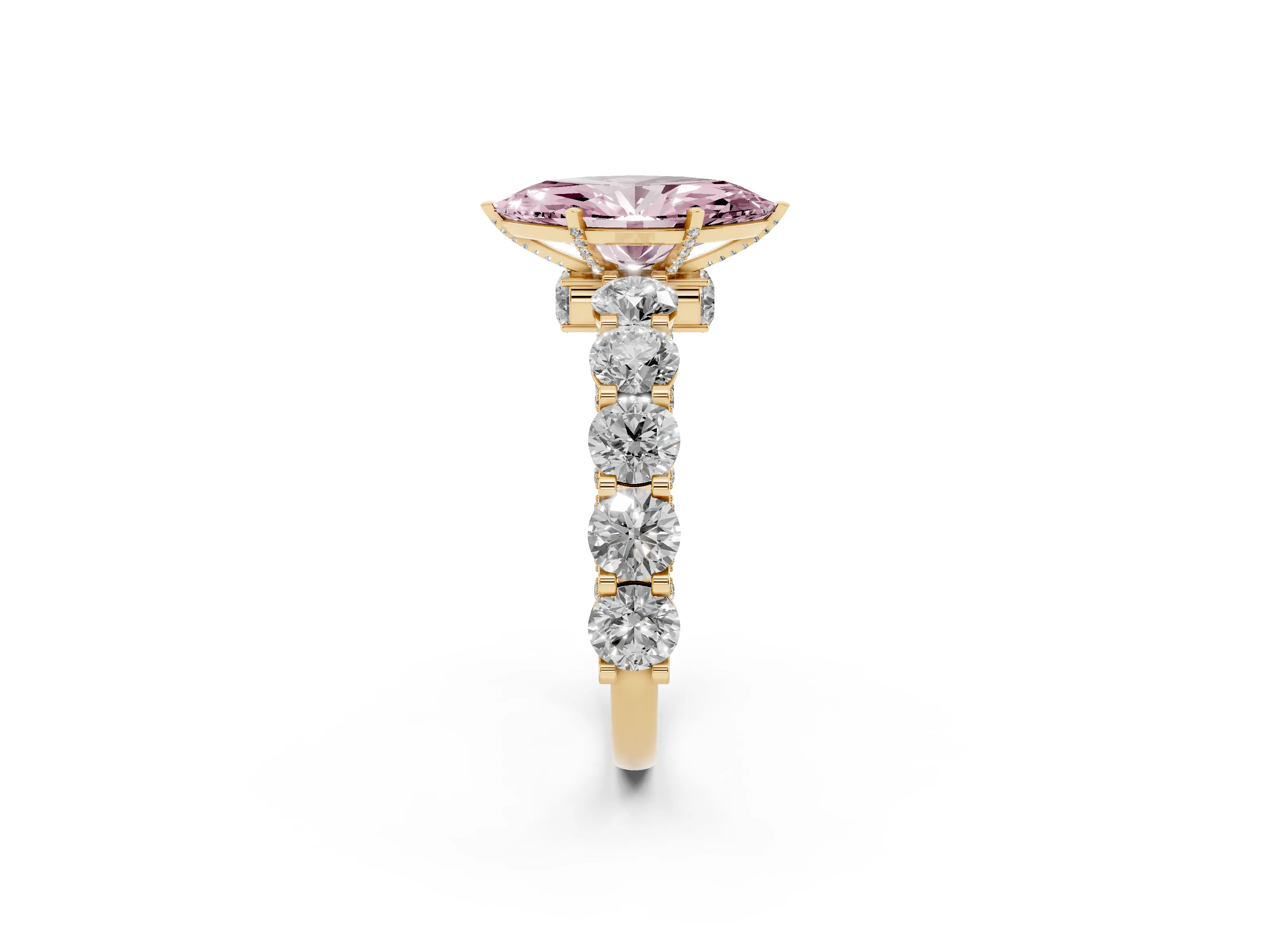 Fancy Pink Marquise Cut Diamond Side Stone Ring Set in Yellow gold with Alternating Round and Oval Side Stones