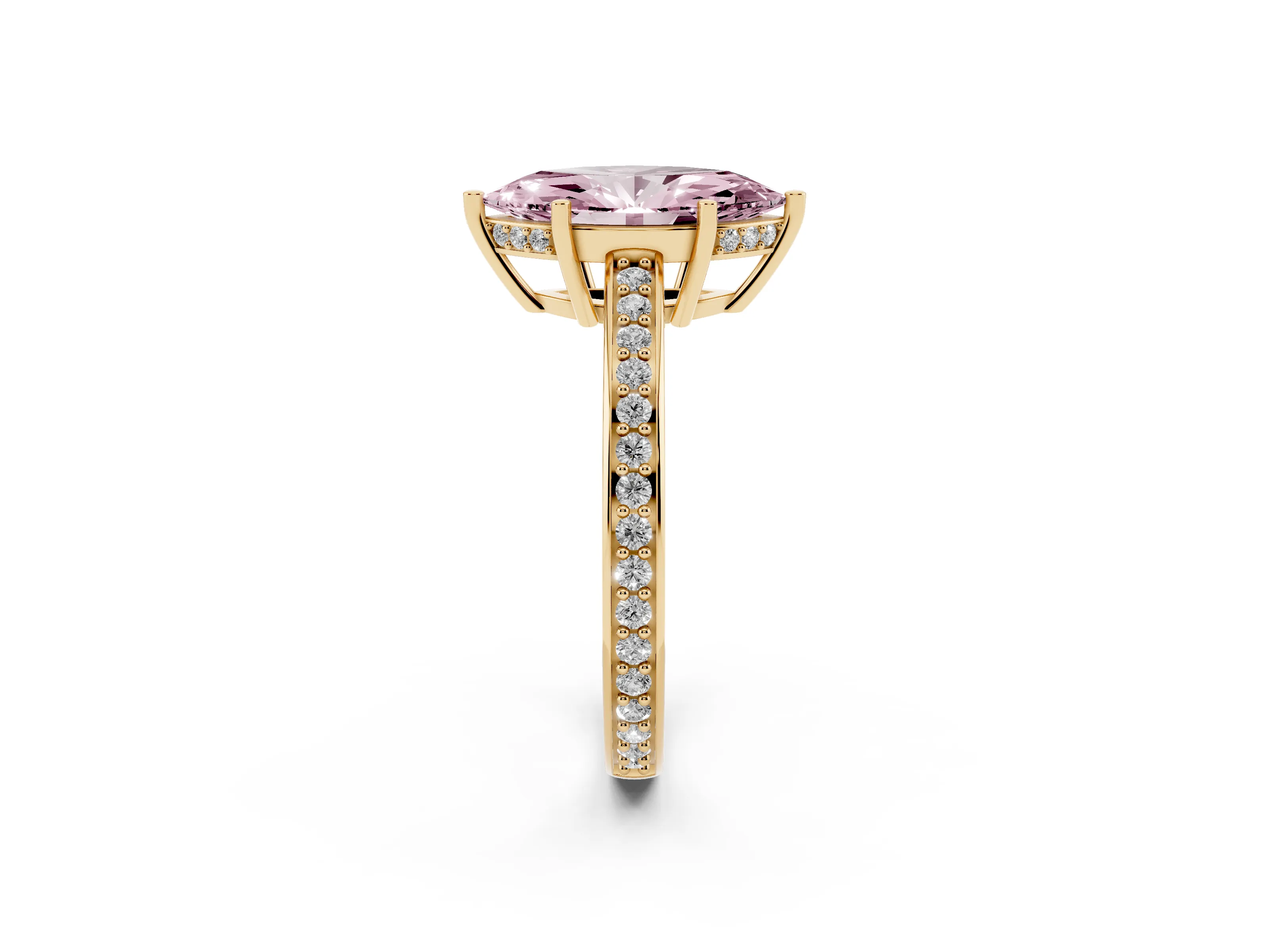 Fancy Pink Marquise Cut Diamond Pavé Band Prong Set Solitaire Ring Set in Yellow gold