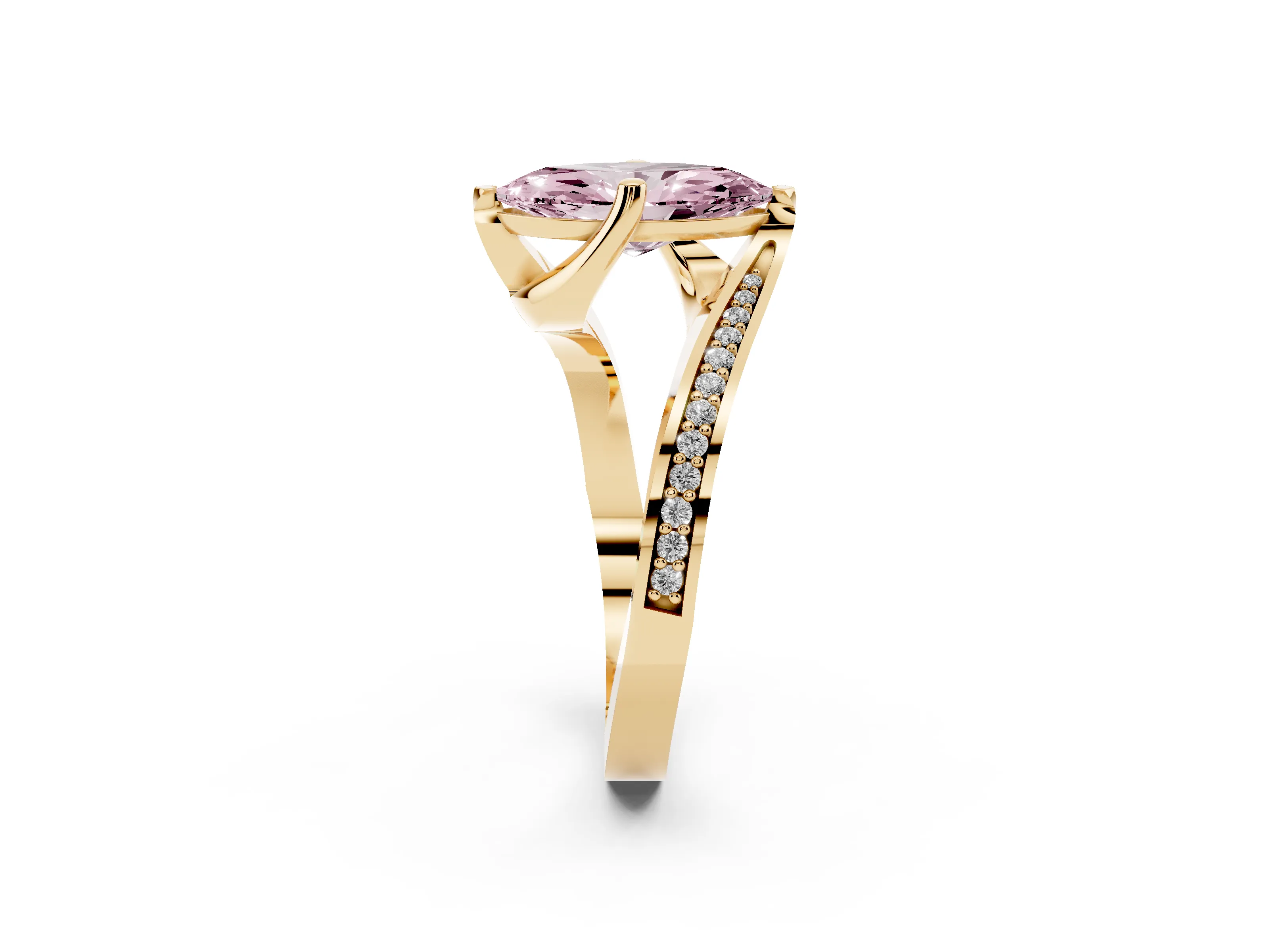 Fancy Pink Marquise Cut Diamond Solitaire Ring Set in Yellow gold with Intertwined Pavé Twist Band