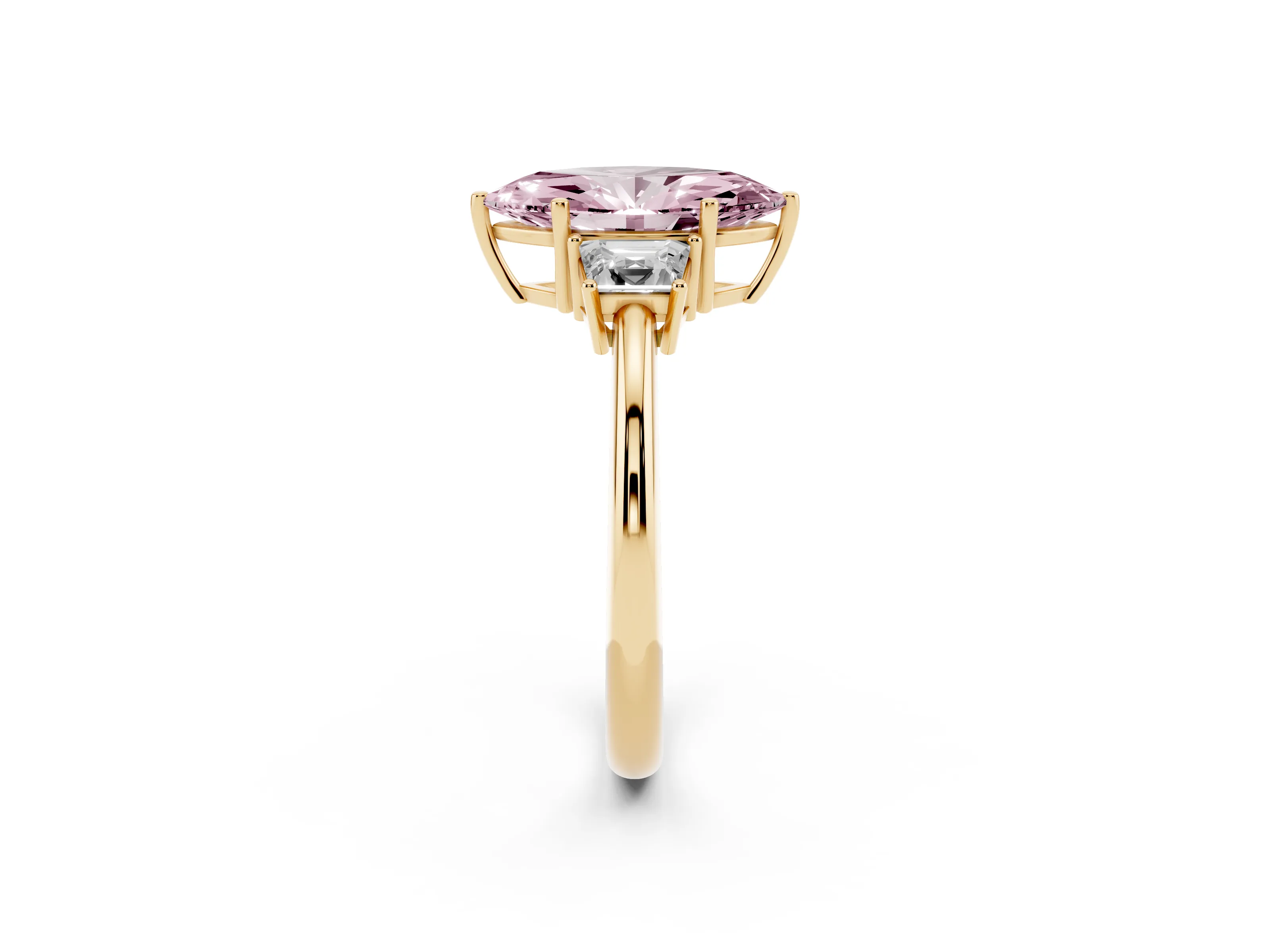 Fancy Pink Marquise Cut Diamond Three-Stone Ring Set in Yellow gold with Trapezoid Side Stones and Prong Setting