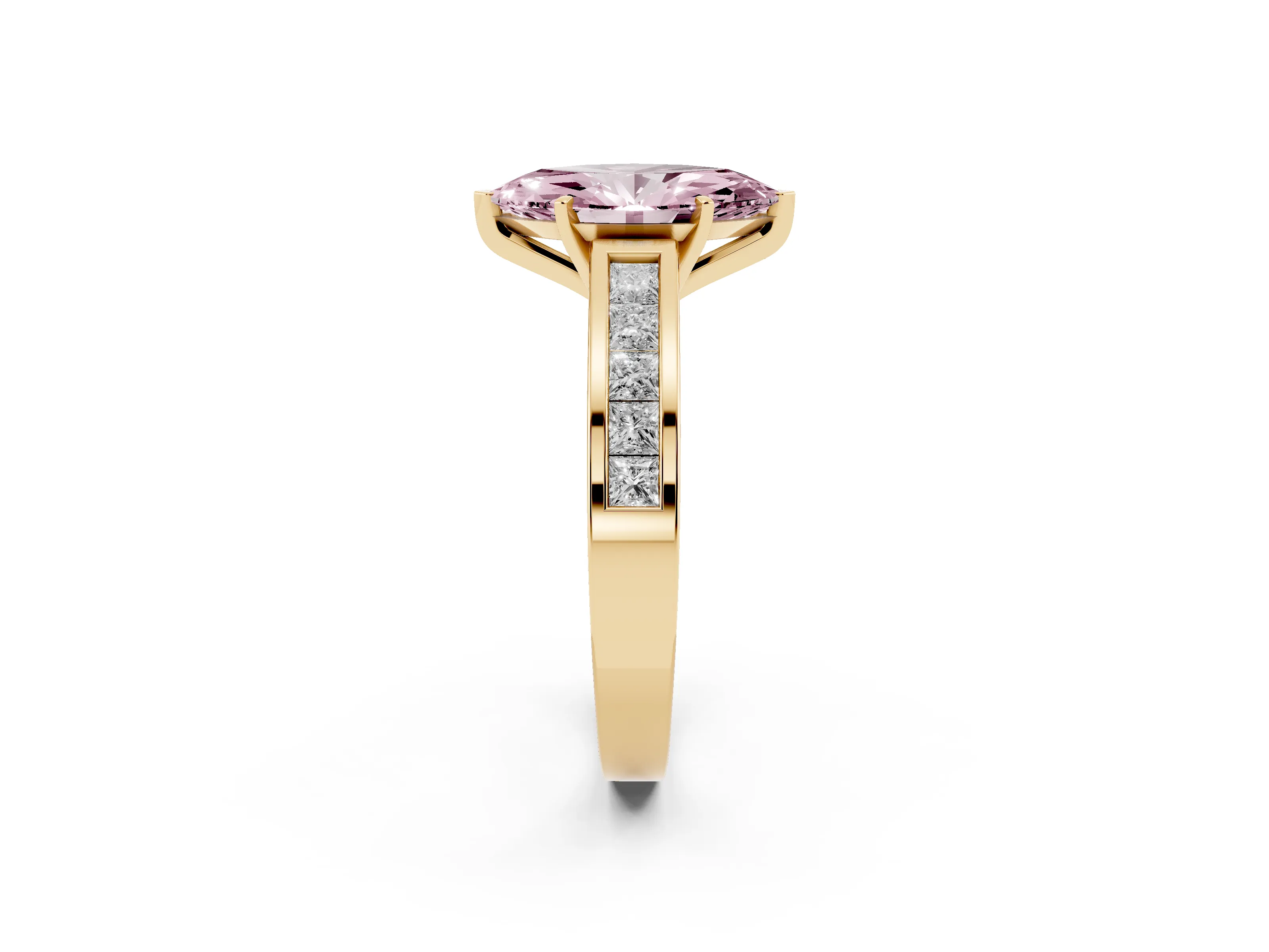 Fancy Pink Marquise Cut Diamond Solitaire Ring Set in Yellow gold with Channel-Set Band and Prong Setting