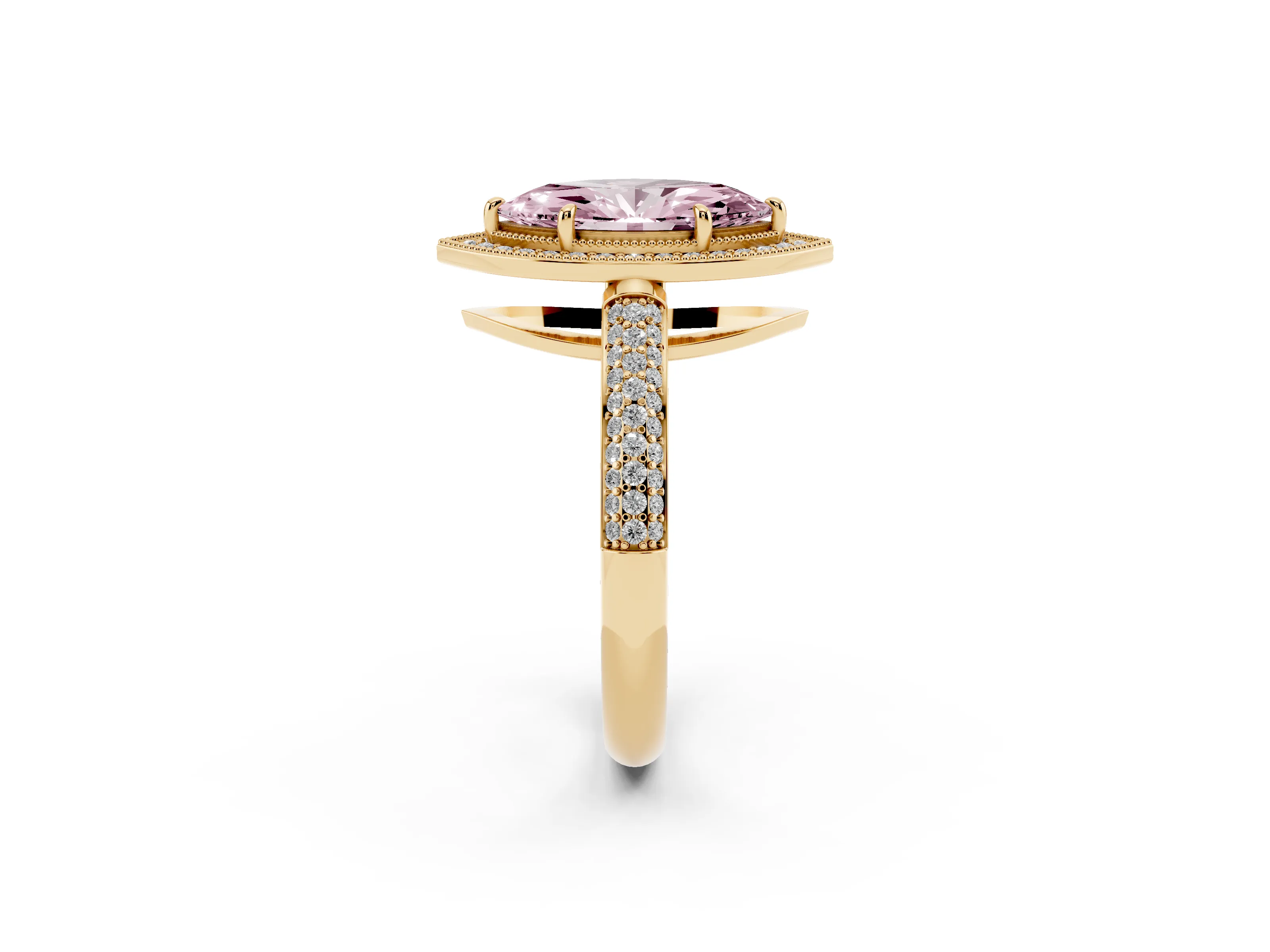 Fancy Pink Marquise Cut Diamond Halo Pavé Band Set in Yellow gold with Prong Setting