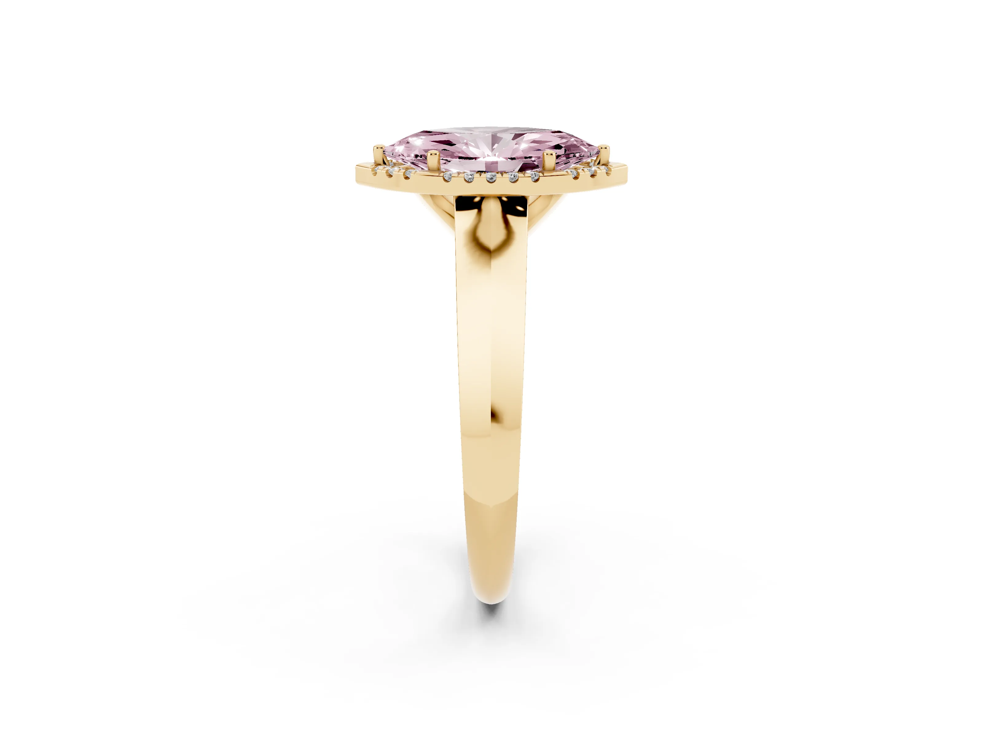 Fancy Pink Marquise Cut Diamond Halo Ring Set in Yellow gold with Cathedral Band and Prong Setting