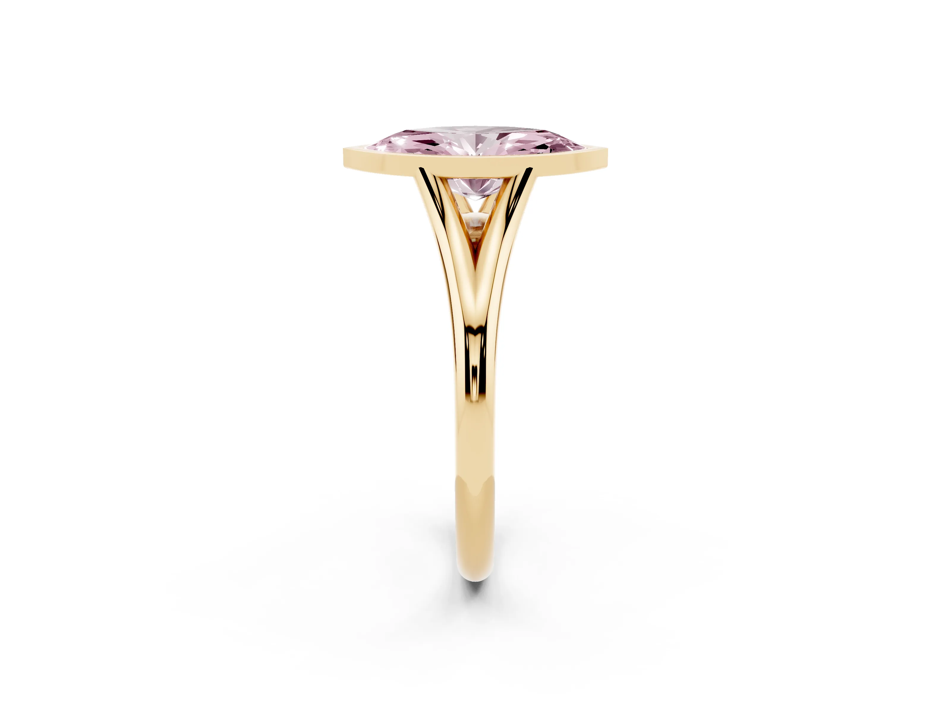 Fancy Pink Bezel Set Marquise Cut Diamond Solitaire Ring Set in Yellow gold with Tapered Band
