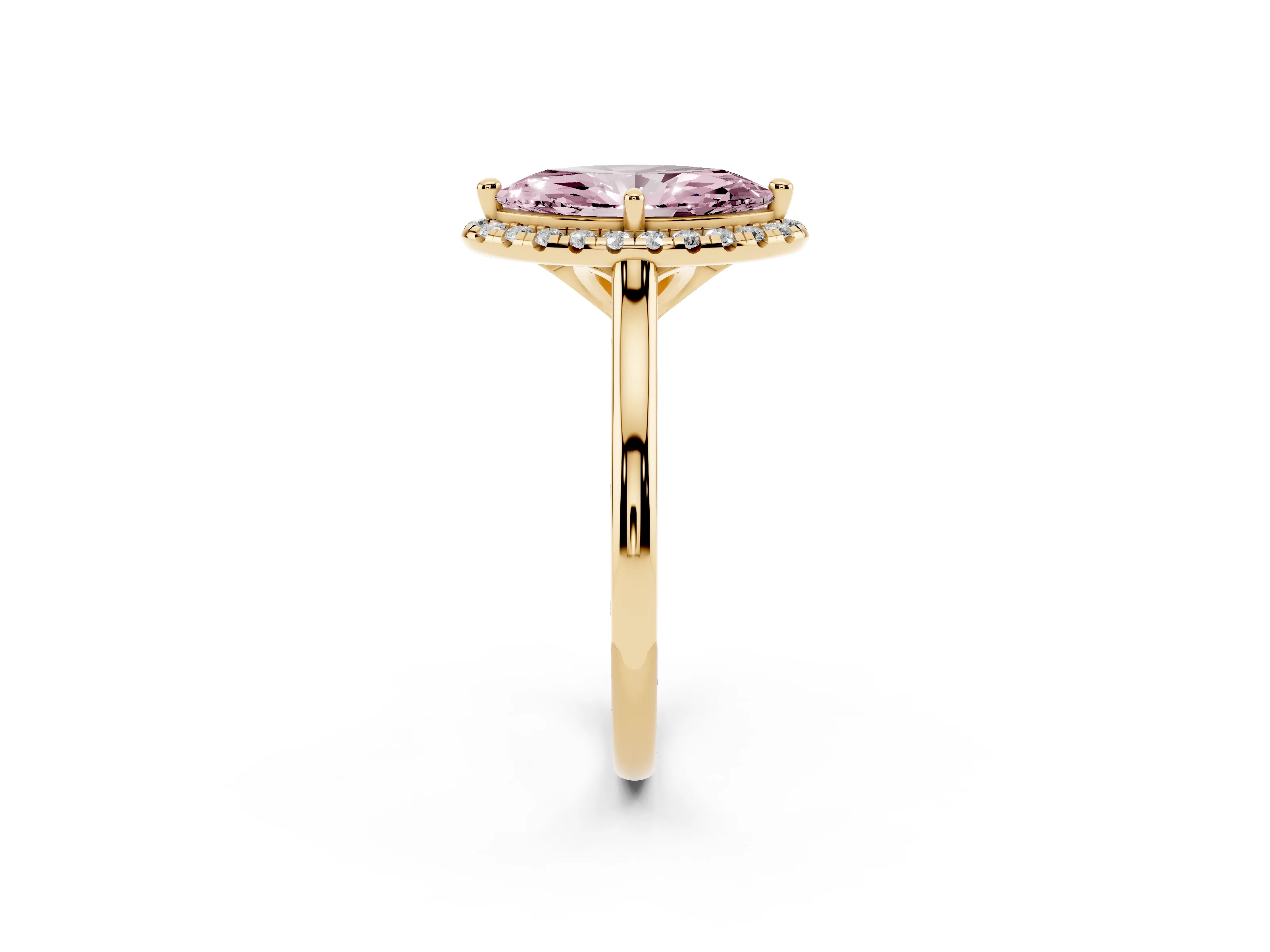 Fancy Pink Marquise Cut Diamond Halo Engagement Ring Set in Yellow gold with Pavé Band and Rising Shoulders