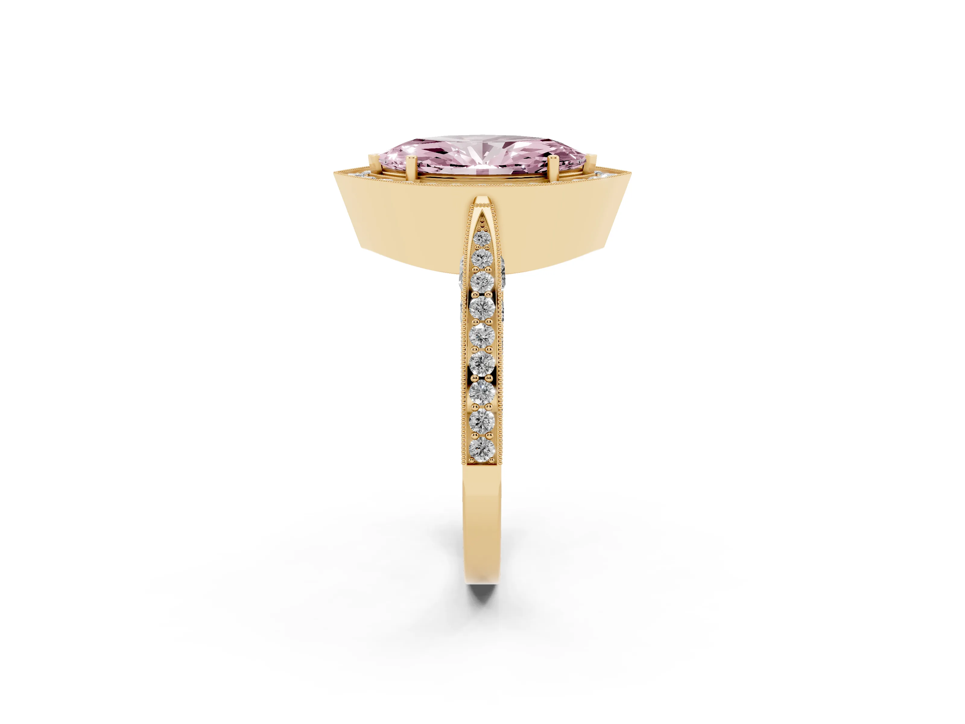 Fancy Pink Marquise Cut Diamond Halo Engagement Ring Set in Yellow gold with Accent Split Shank Band