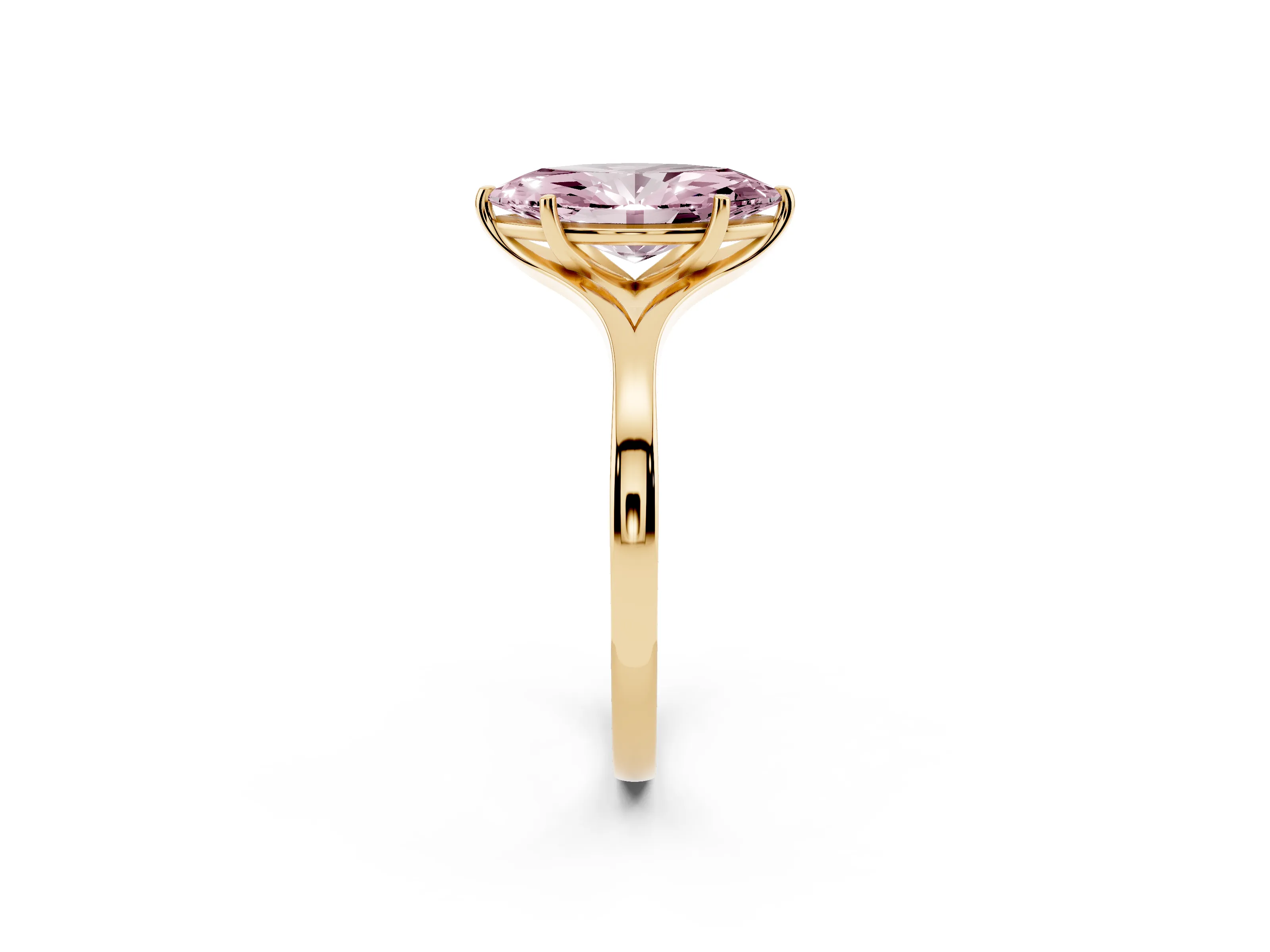Fancy Pink Marquise Cut Diamond Solitaire Ring Set in Yellow gold with Polished Tapered Band and Prong Setting