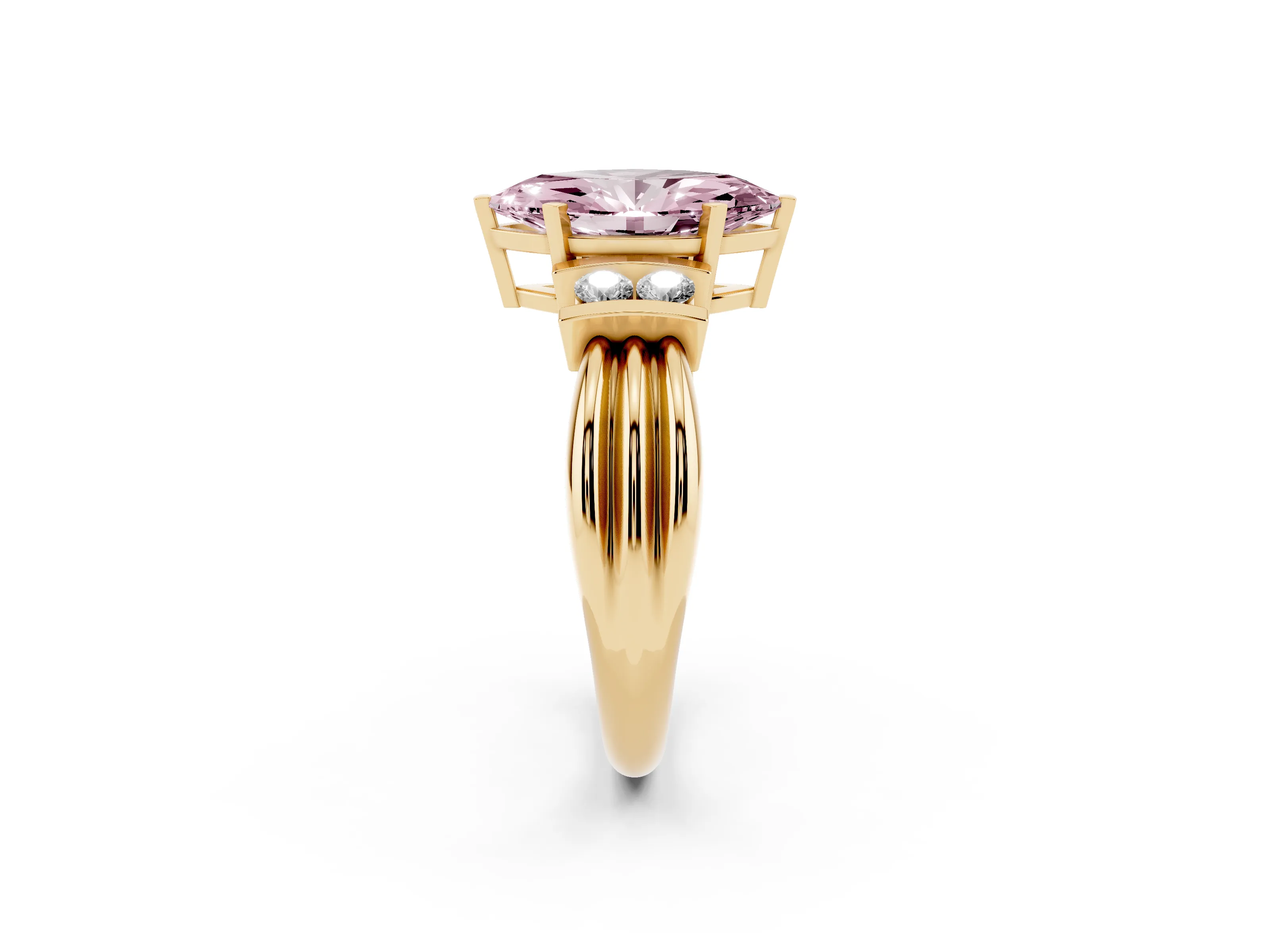 Fancy Pink Three-Stone Marquise Cut Diamond Channel Set Ring Set in Yellow gold with Bar Prongs