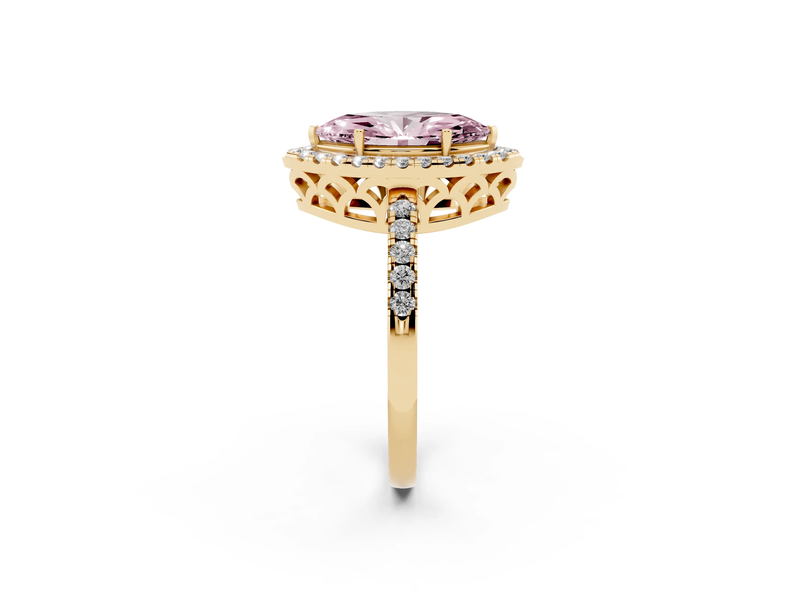 Fancy Pink Marquise Cut Diamond Pavé Band Halo Engagement Ring Set in Yellow gold with Prong Setting