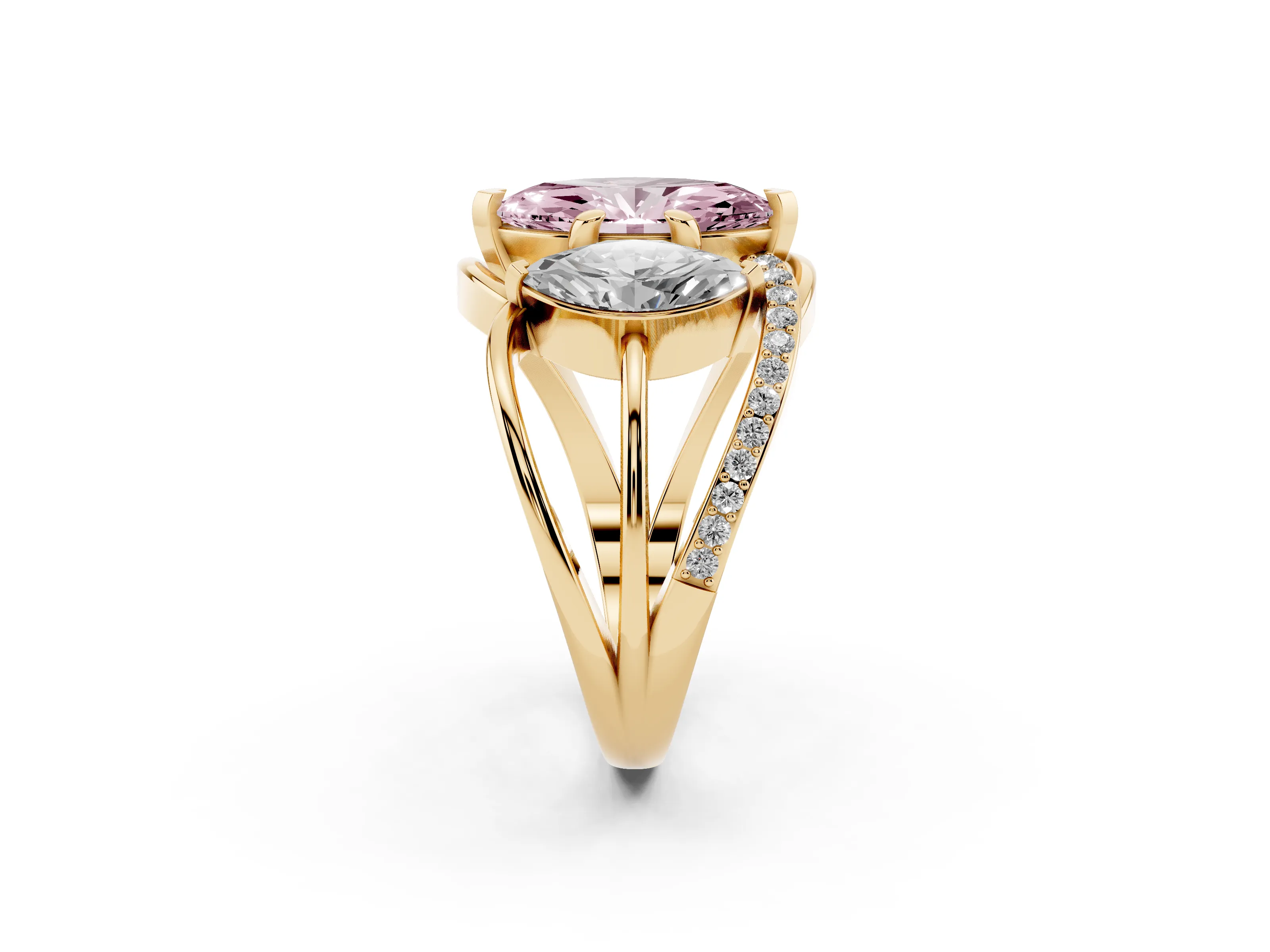 Fancy Pink Marquise Cut Diamond Three-Stone Ring Set in Yellow gold with Split Shank and Prong Setting