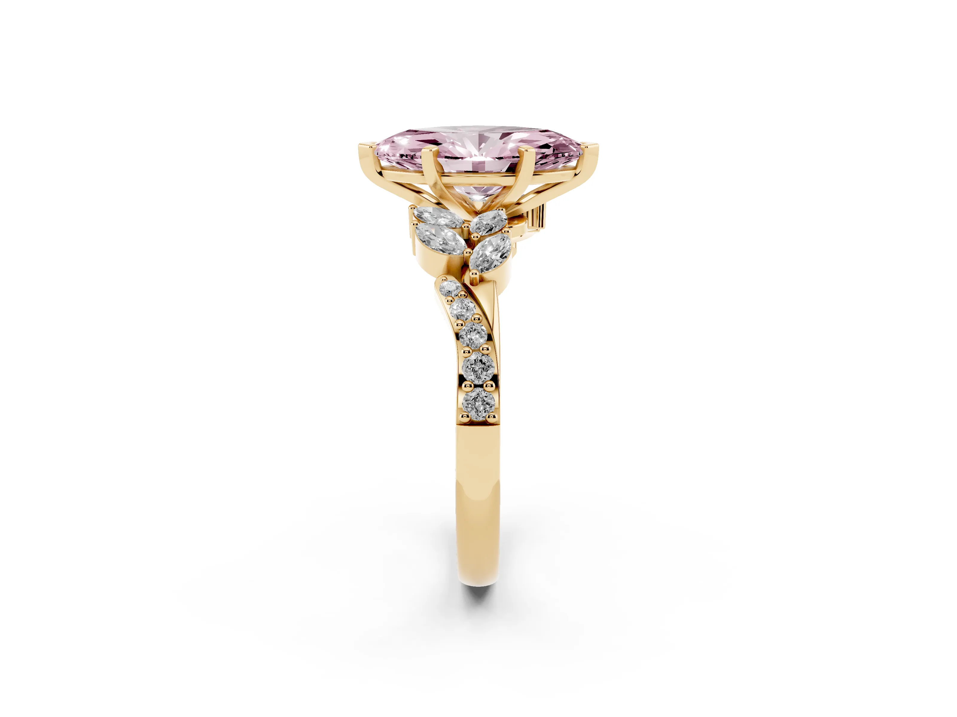 Fancy Pink Marquise Cut Diamond Solitaire Ring Set in Yellow gold with Marquise Twist Band and Prong Setting