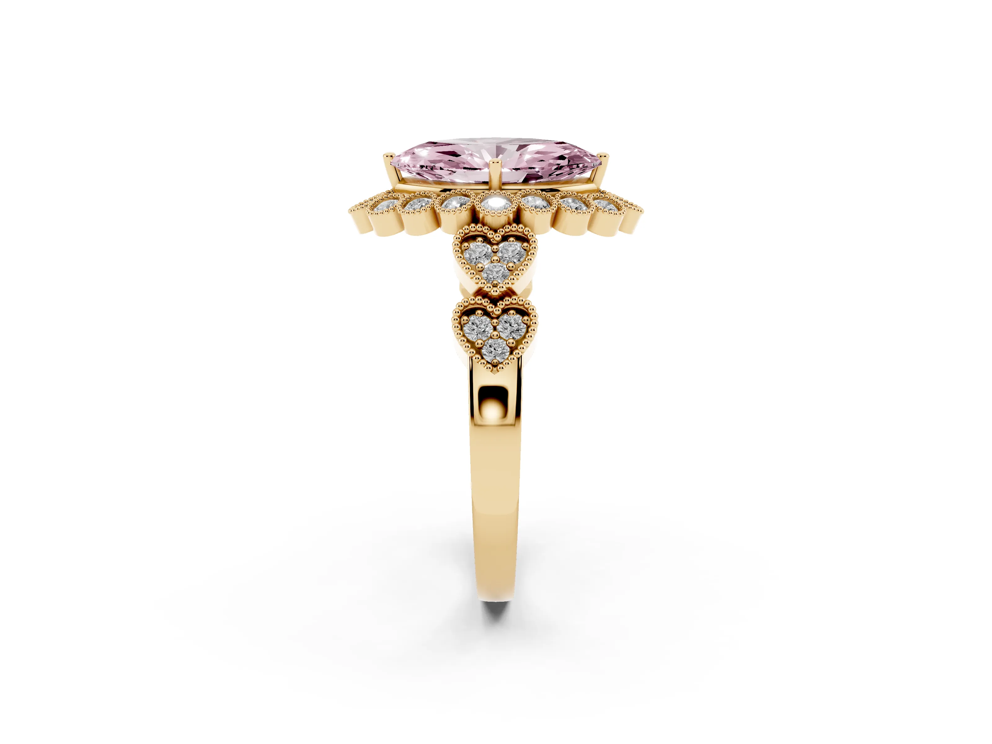 Fancy Pink Marquise Cut Diamond Solitaire Ring Set in Yellow gold with Milgrain Pavé Heart Band
