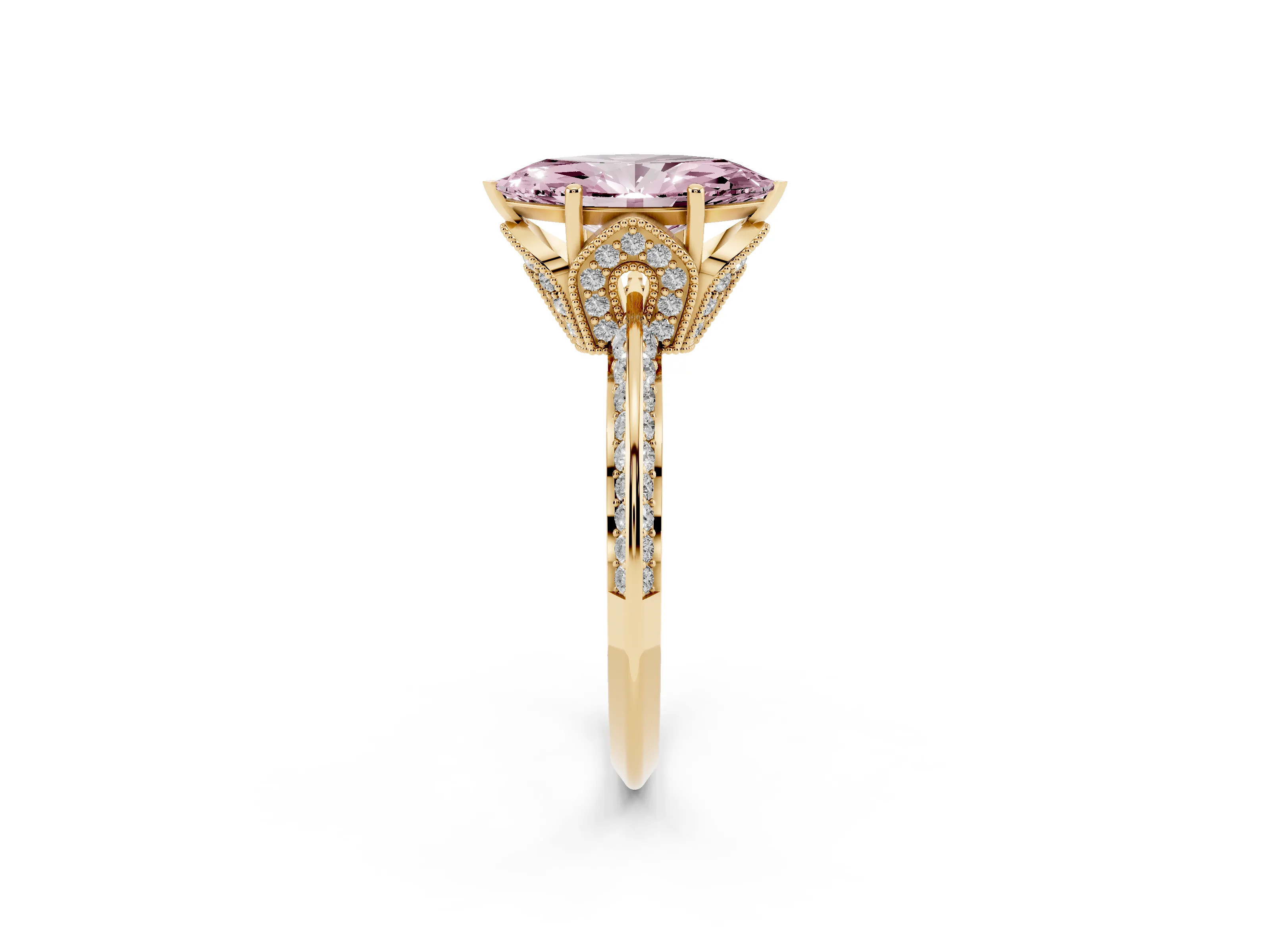 Fancy Pink Marquise Cut Diamond Solitaire Engagement Ring Set in Yellow gold with Pavé Split Shank and Prong Setting