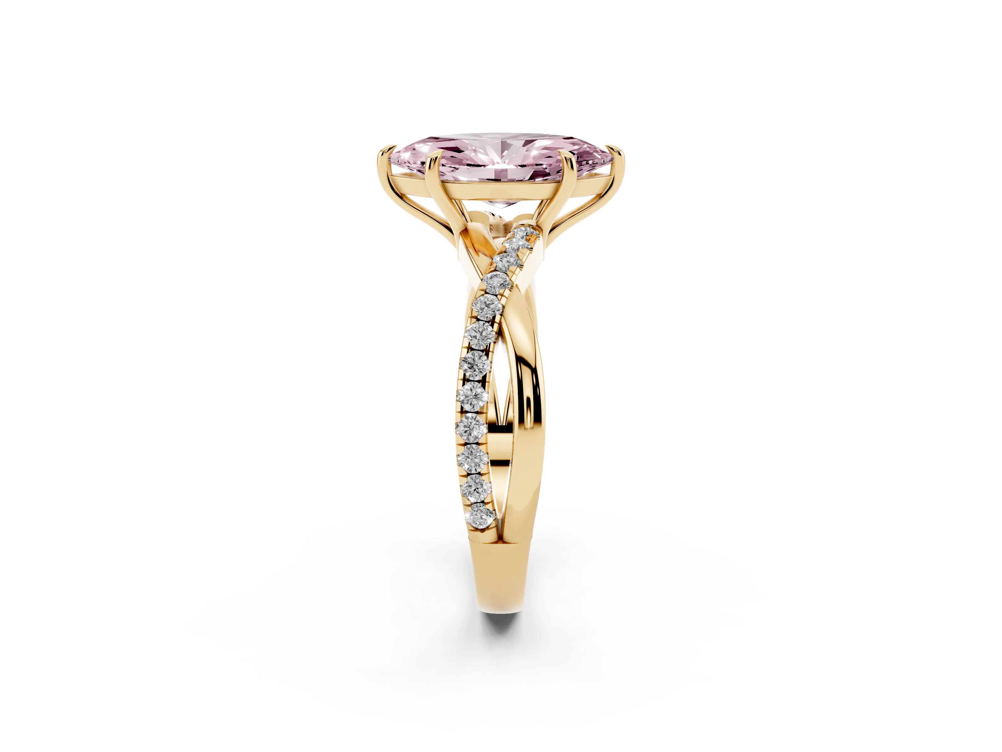Fancy Pink Marquise Cut Diamond Twisted Pavé Band Ring Set in Yellow gold with Prong Setting
