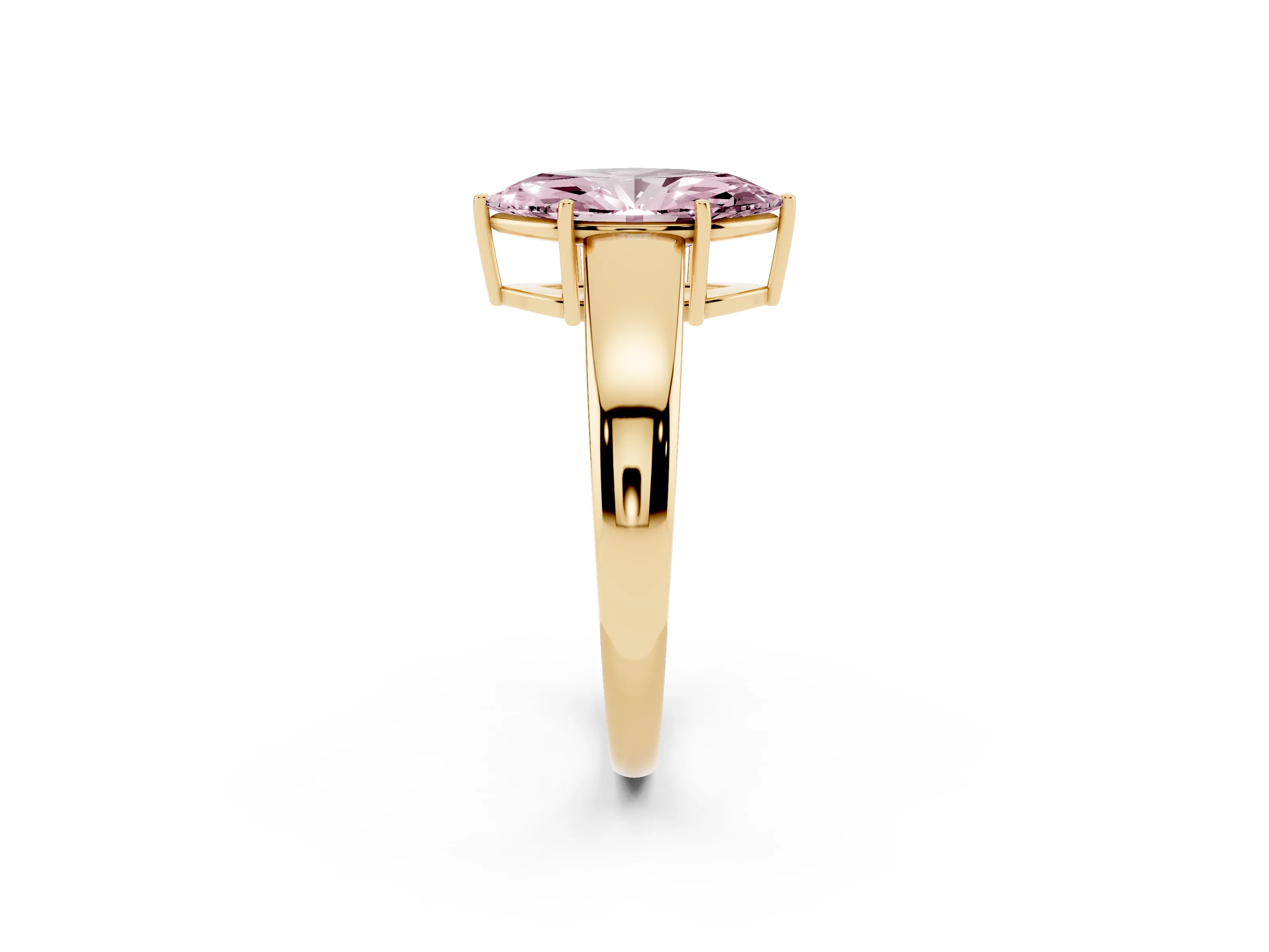 Fancy Pink Marquise Cut Diamond Solitaire Ring Set in Yellow gold with Tapered Band and Prong Setting