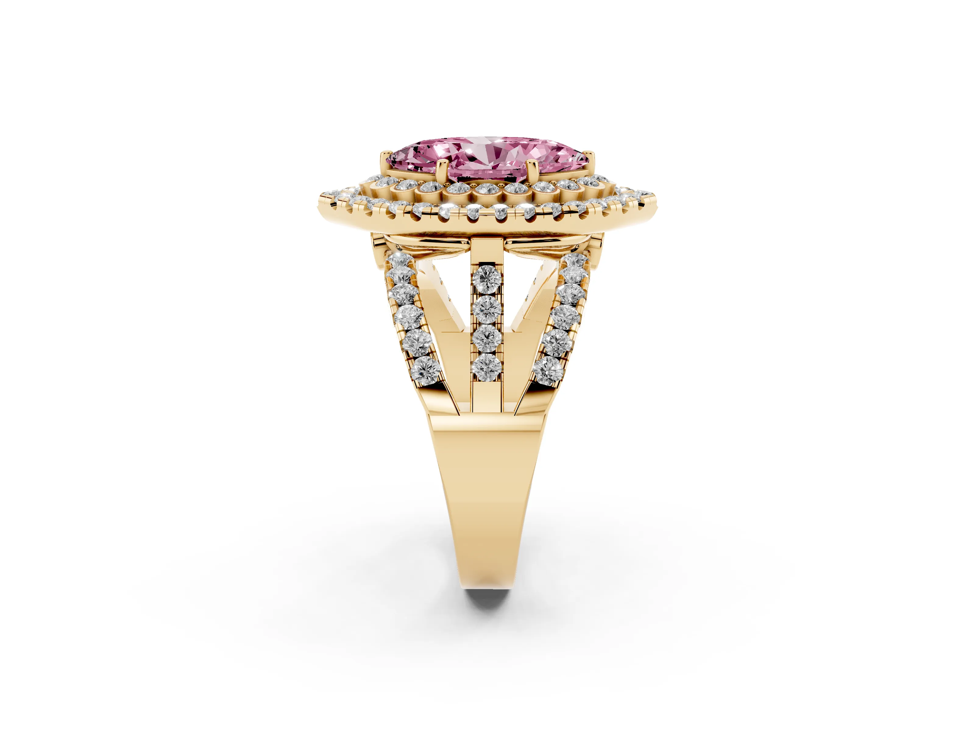 Fancy Pink Marquise Cut Diamond Double Halo Ring Set in Yellow gold with Round Pavé Split Shank