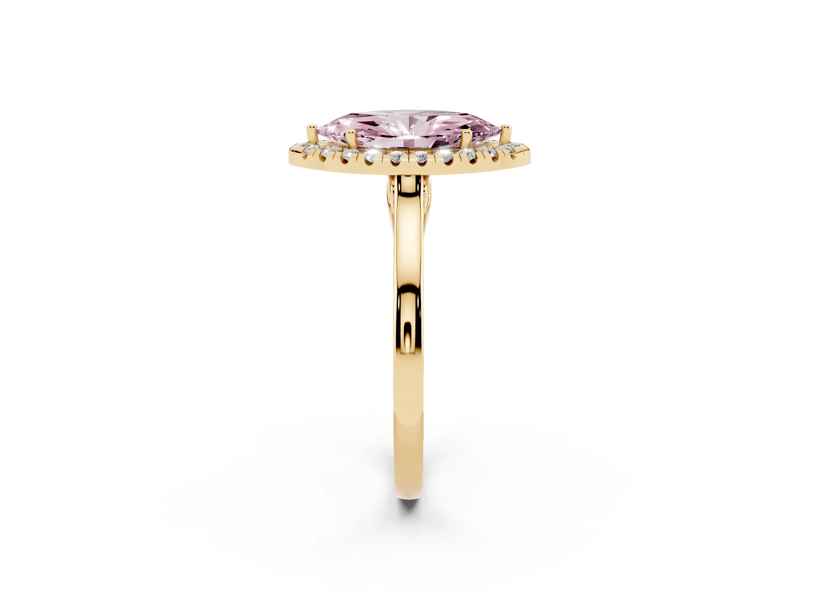 Fancy Pink Marquise Cut Halo Round Diamond Solitaire Ring Set in Yellow gold with Pavé Band and Prong Setting