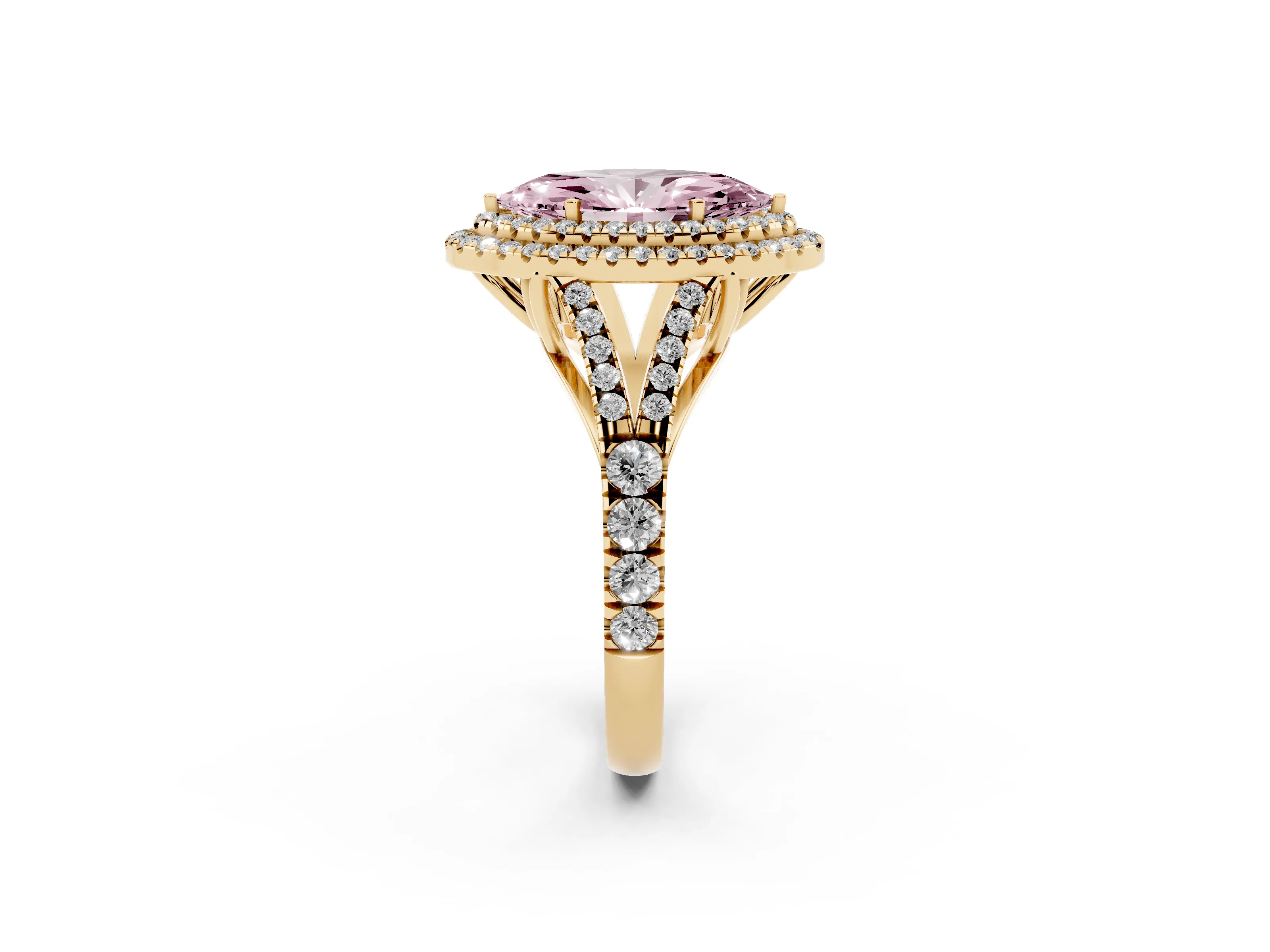 Fancy Pink Marquise Cut Diamond Pavé Split Shank Double Halo Engagement Ring Set in Yellow gold