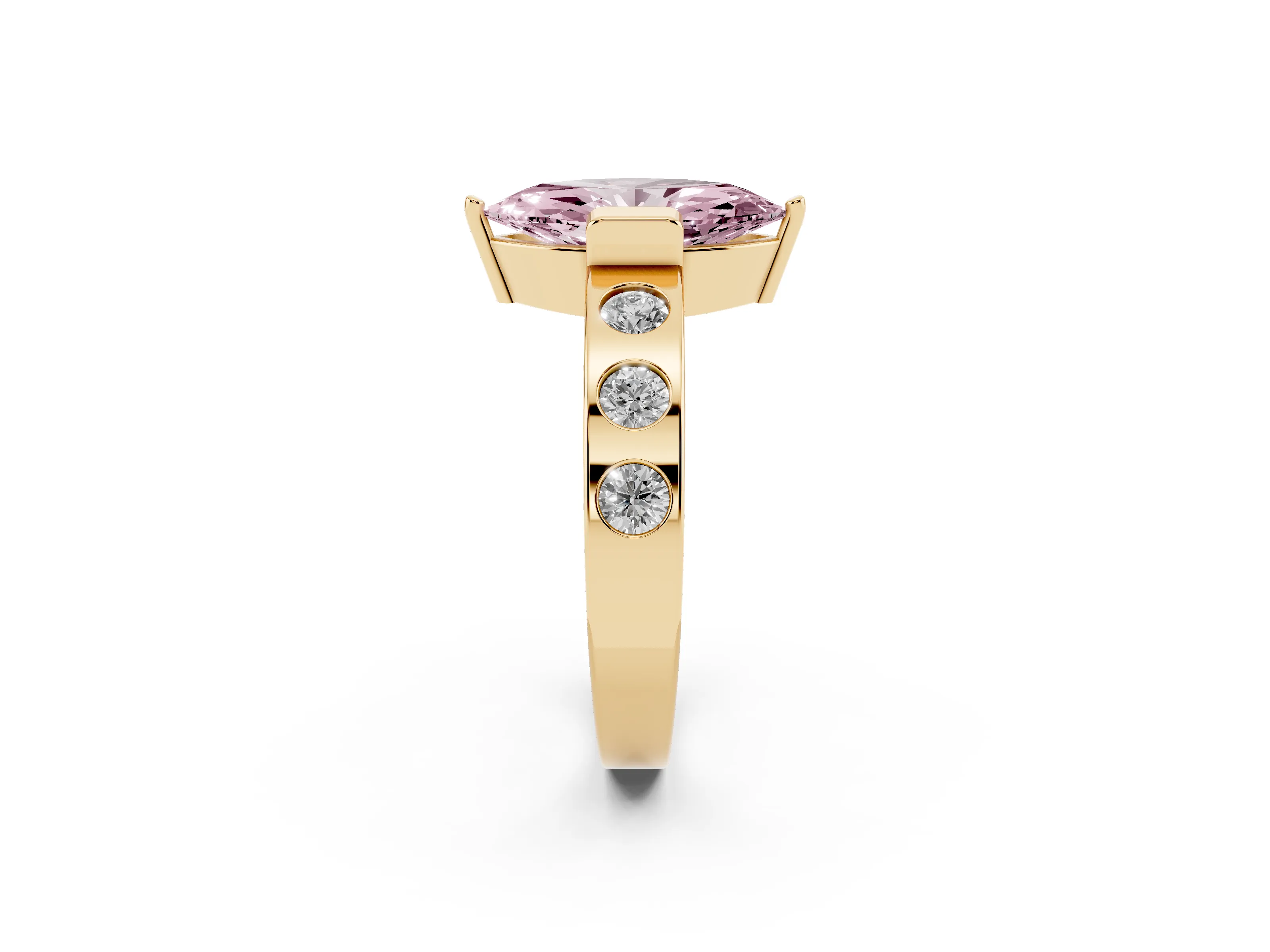 Fancy Pink Marquise Cut Diamond Channel-Set Band Ring Set in Yellow gold with Bezel Prong Setting