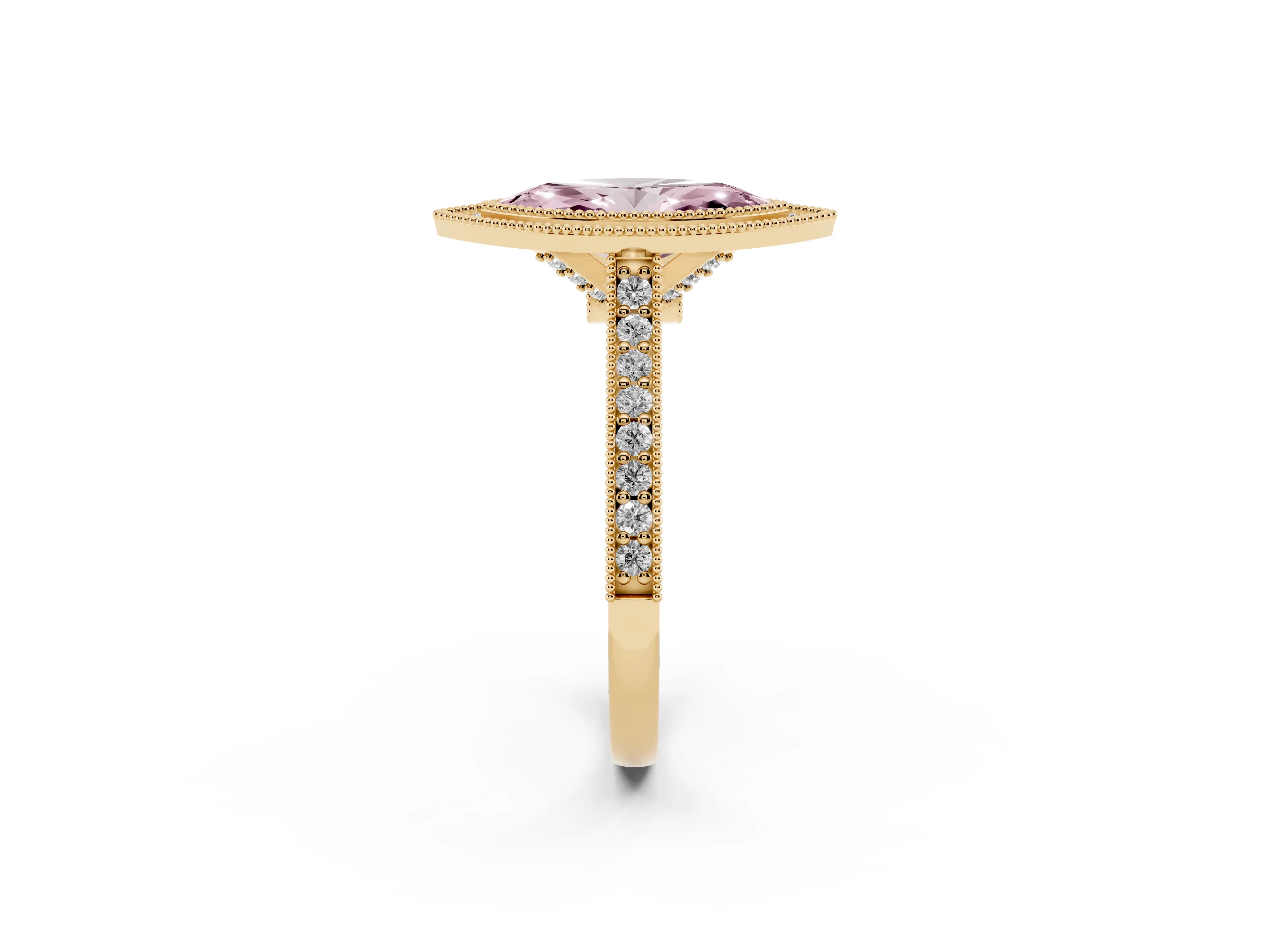 Fancy Pink Marquise Cut Diamond Halo Milgrain Pavé Band Ring Set in Yellow gold with Prong Setting