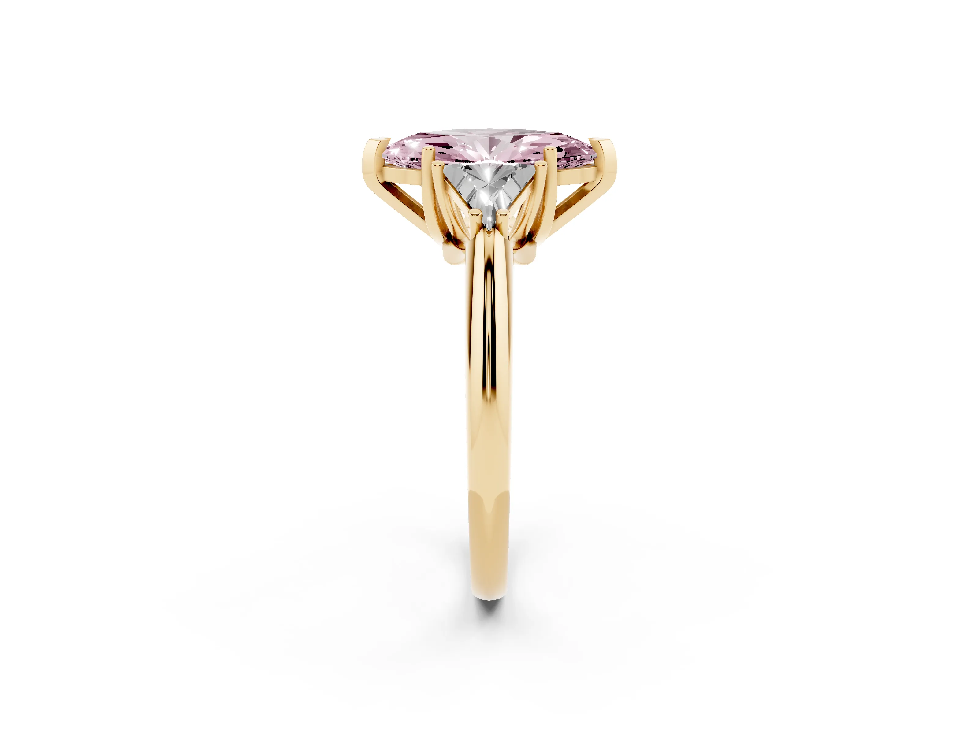 Fancy Pink Marquise Cut Diamond Three-Stone Engagement Ring Set in Yellow gold with Trillion Side Stones