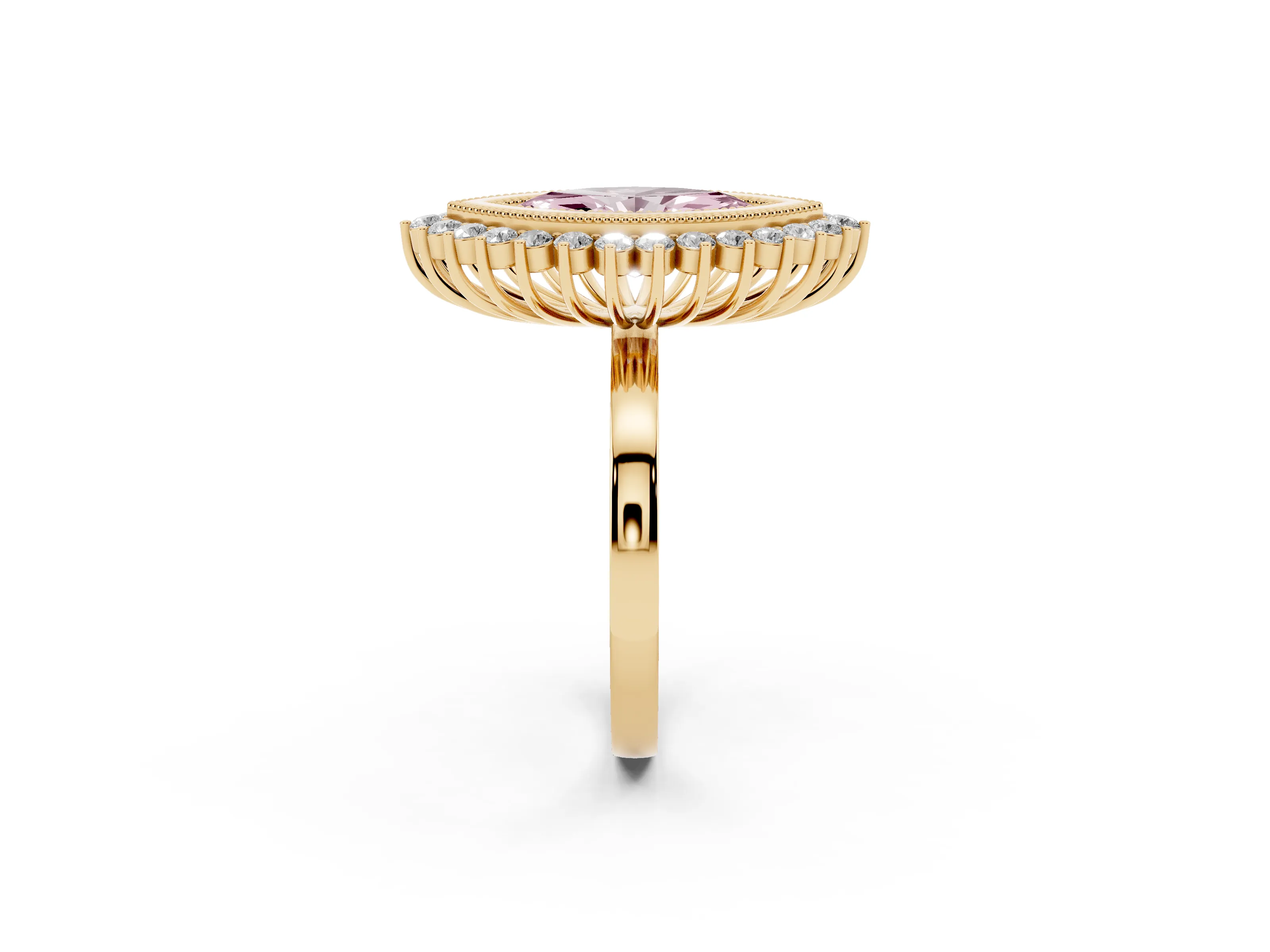 Fancy Pink Marquise Cut Diamond Halo Ring Set in Yellow gold with Milgrain Edge and Round Prong Setting