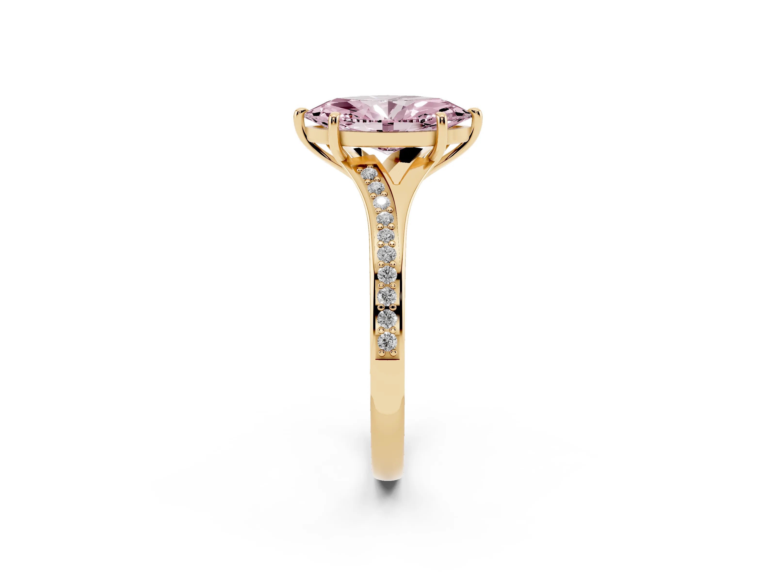 Fancy Pink Marquise Cut Diamond Solitaire Ring Set in Yellow gold with Pavé Accent Band and Classic Prong Setting