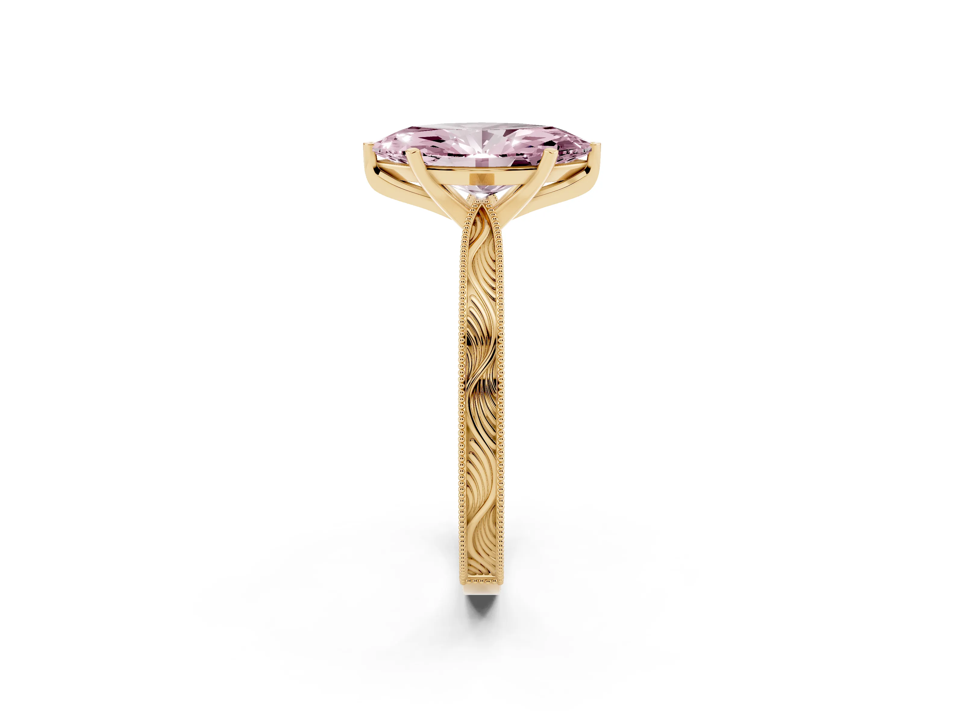 Fancy Pink Marquise Cut Diamond Solitaire Milgrain Engraved Band Set in Yellow gold with Prong Setting