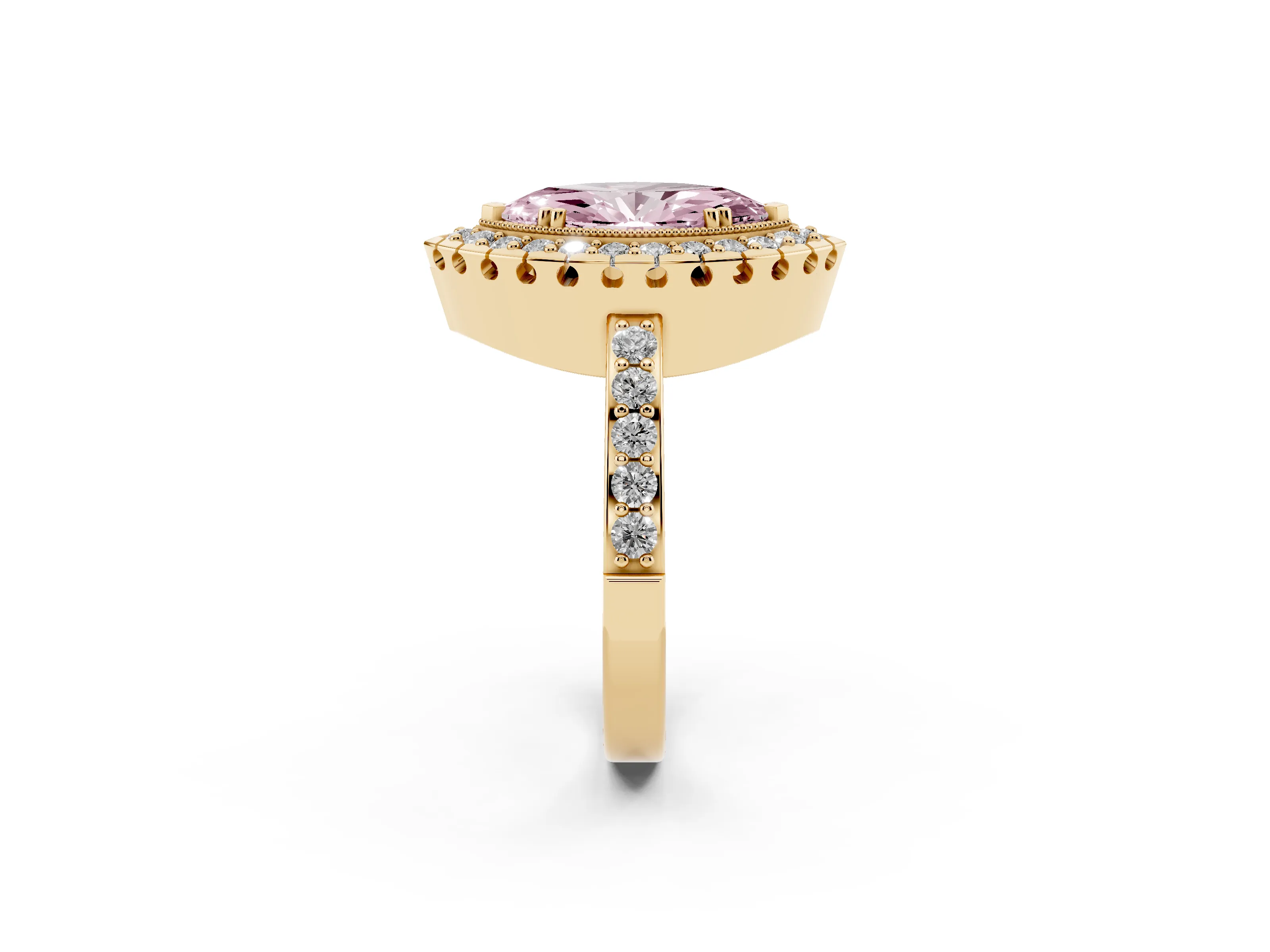 Fancy Pink Marquise Cut Diamond Halo Ring Set in Yellow gold with Pavé Shank and Prong Setting