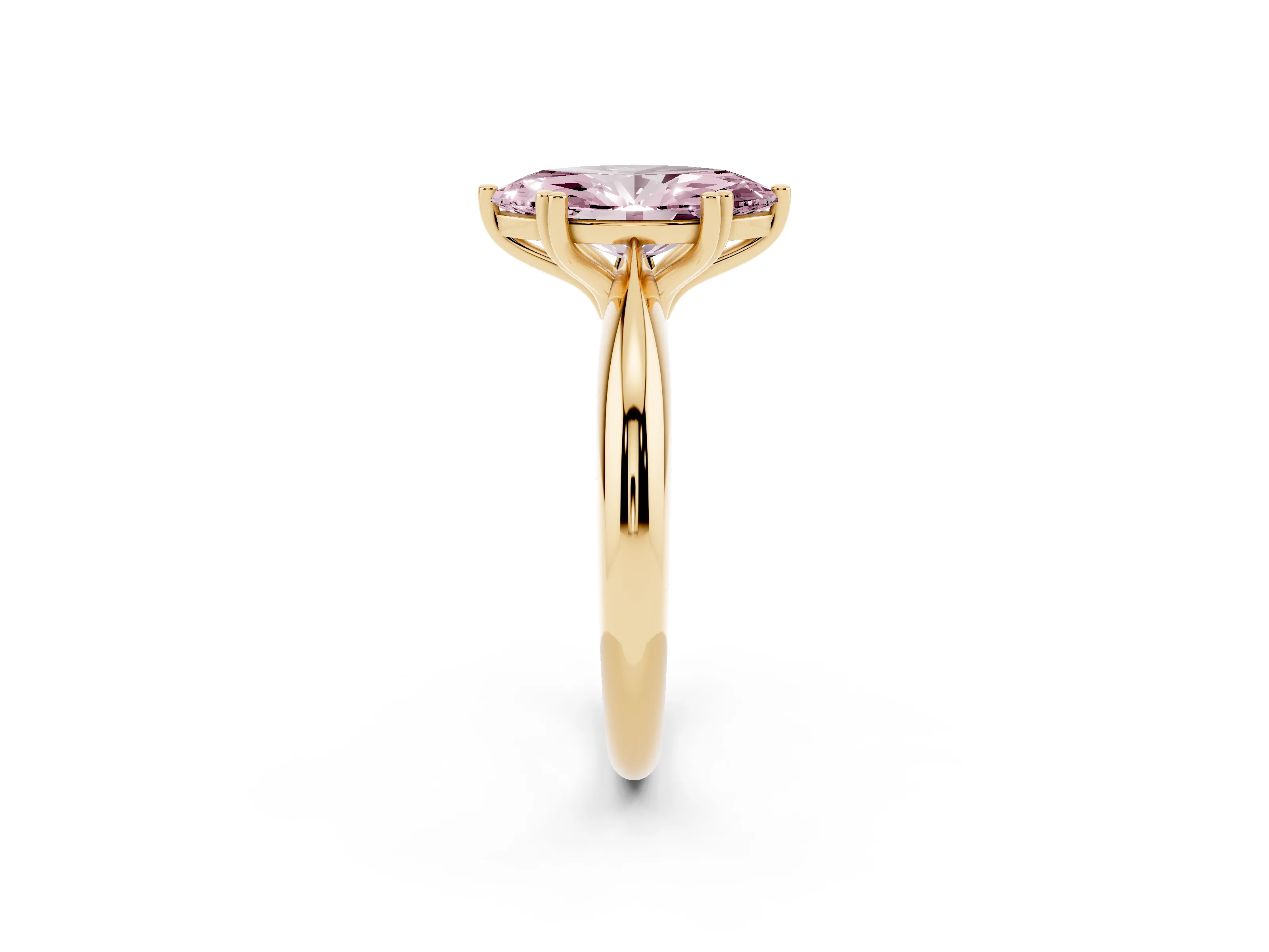 Fancy Pink Marquise Cut Diamond Solitaire Engagement Ring Set in Yellow gold with Tapered Band and Prong Setting